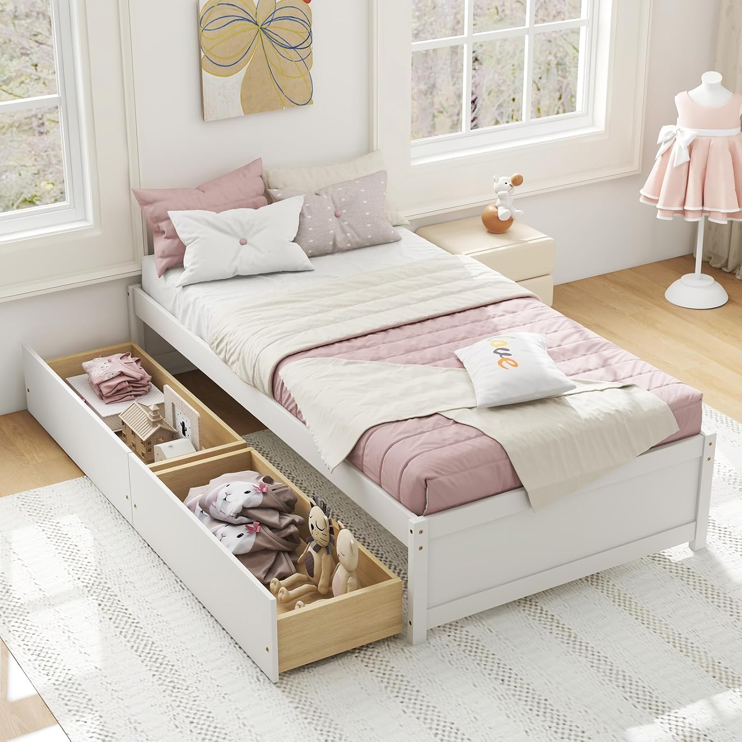 Giantex Twin Bed Frame with 2 Storage Drawers, Solid Wood Platform Bed with Slats Support