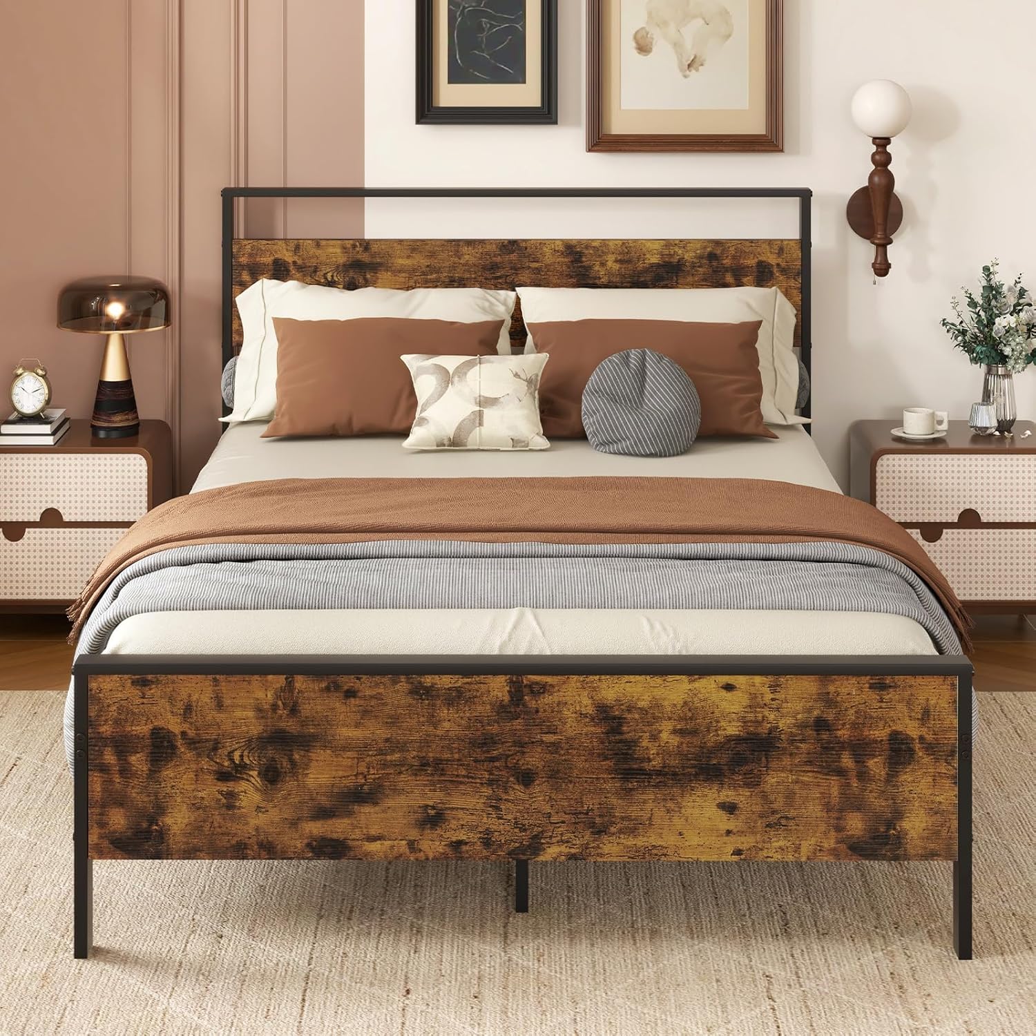 Giantex Twin Size/Full Size/King Size/Queen Metal Platform Bed Frames with Wooden Headboard & Footboard