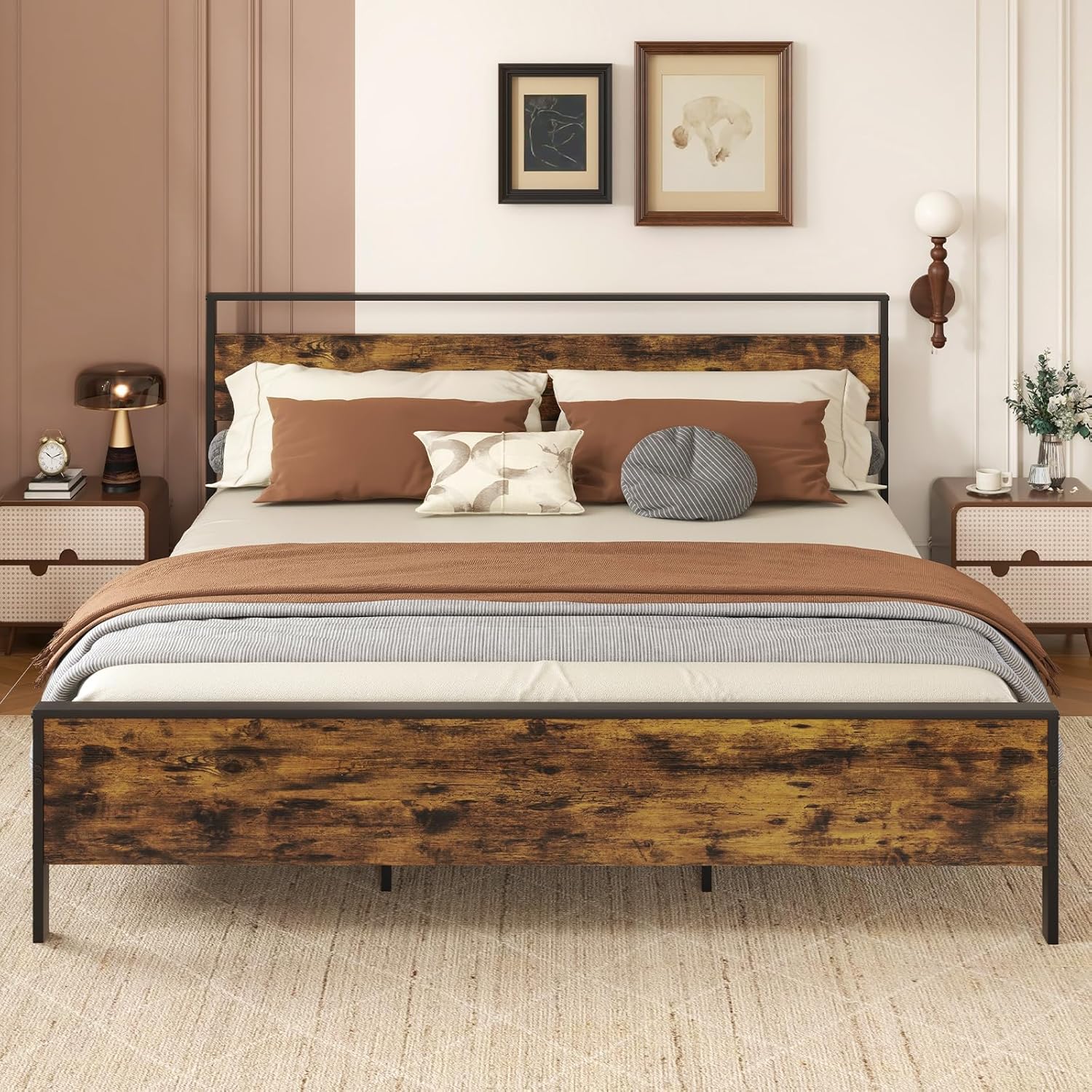 Giantex Twin Size/Full Size/King Size/Queen Metal Platform Bed Frames with Wooden Headboard & Footboard