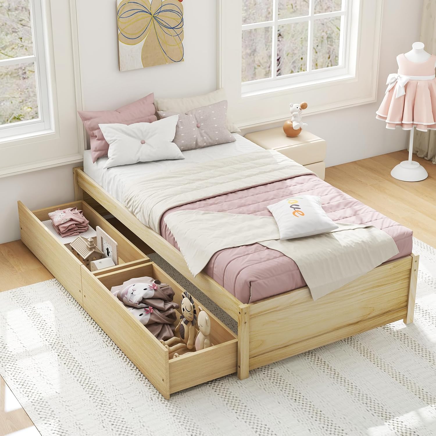 Giantex Twin Bed Frame with 2 Storage Drawers, Solid Wood Platform Bed with Slats Support