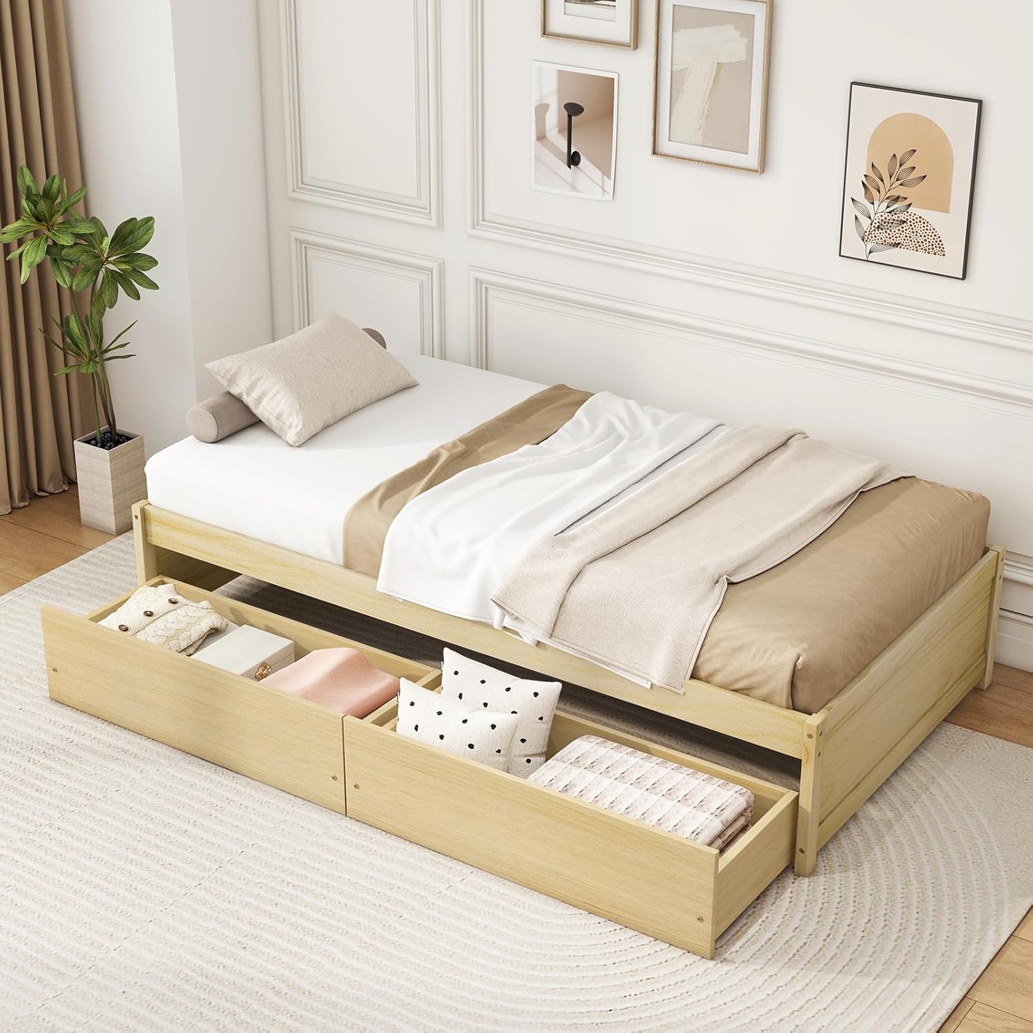 Giantex Twin Bed Frame with 2 Storage Drawers, Solid Wood Platform Bed with Slats Support