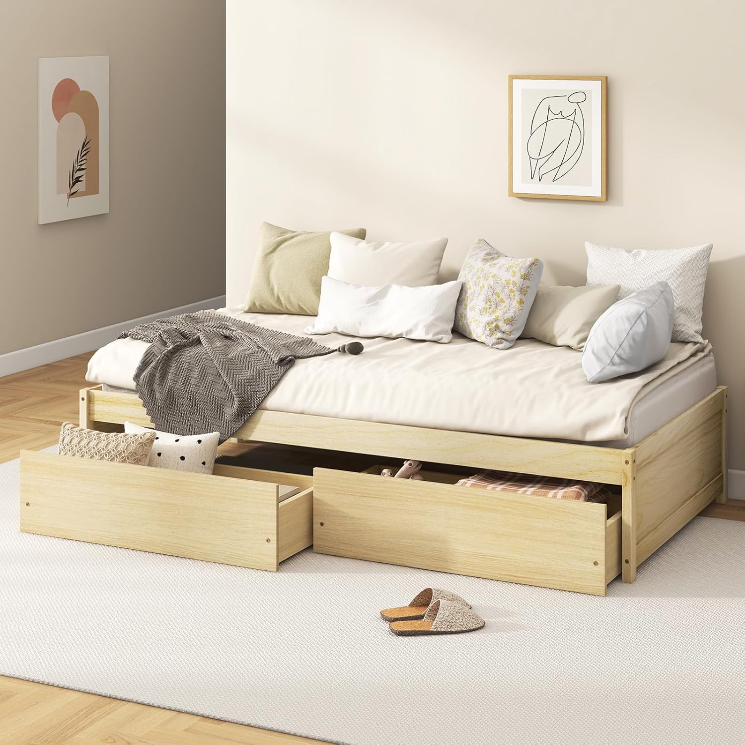 Giantex Twin Bed Frame with 2 Storage Drawers, Solid Wood Platform Bed with Slats Support