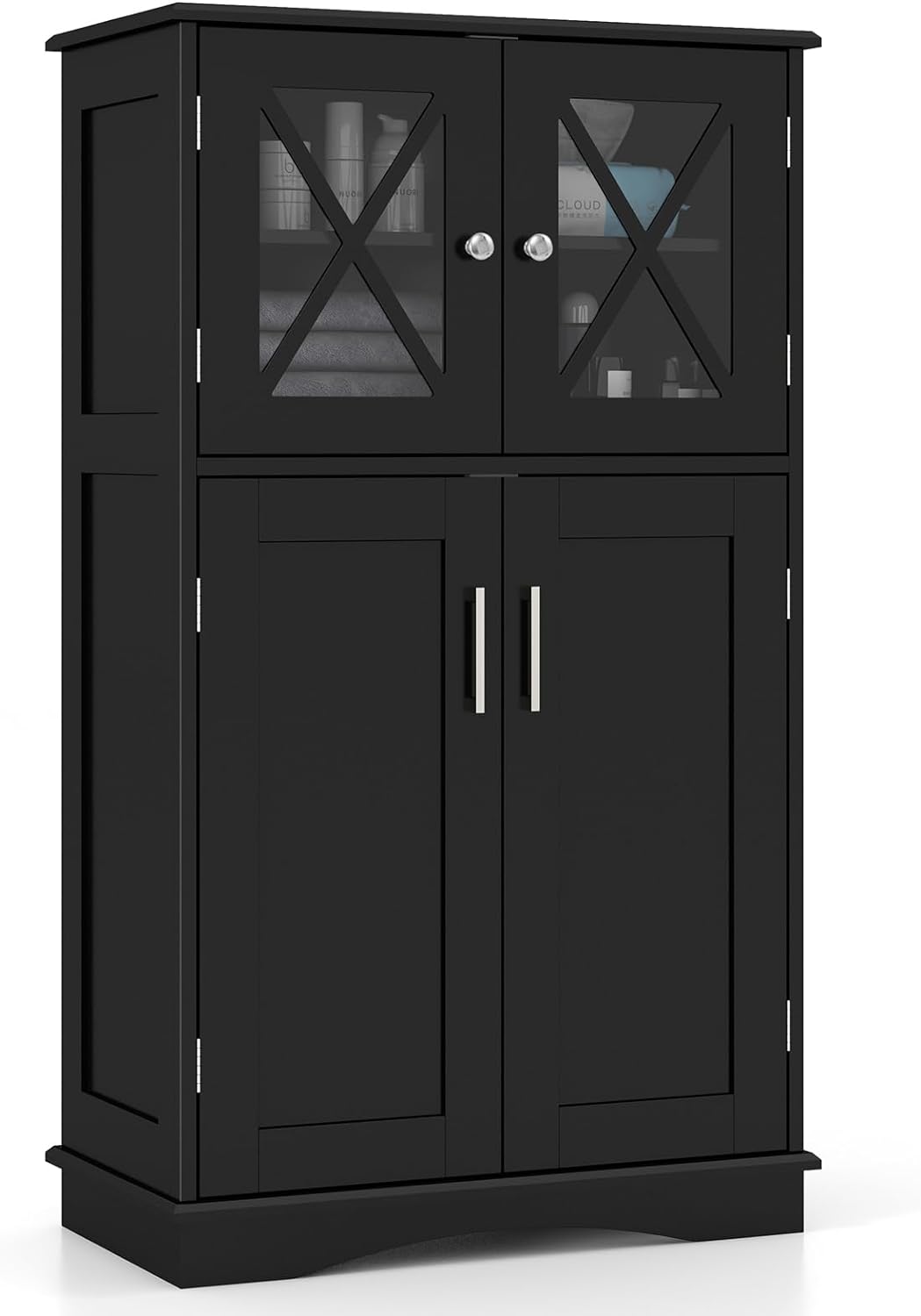 Giantex Bathroom Floor Storage Cabinet - Linen Floor Cabinet with Doors and Adjustable Shelves