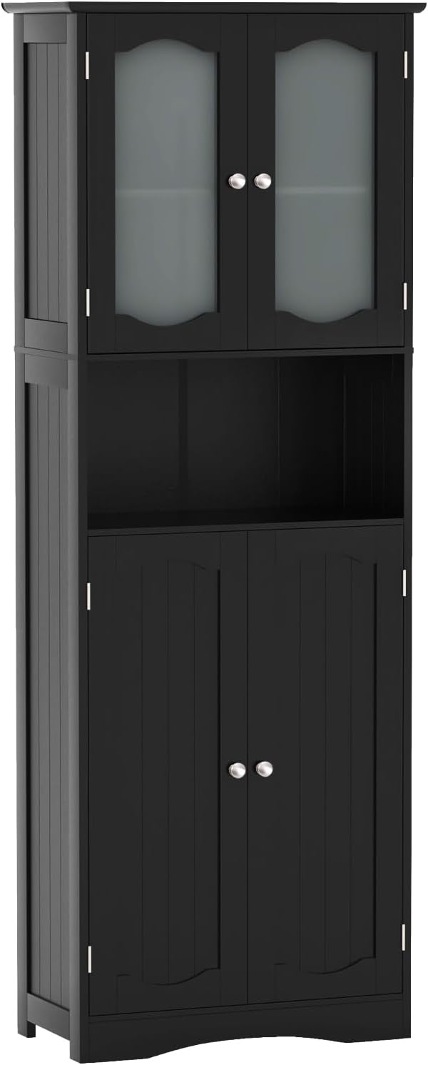 Giantex 64.5" Tall Bathroom Cabinet, Pantry Cabinet with Tempered Glass Doors, Adjustable Shelves