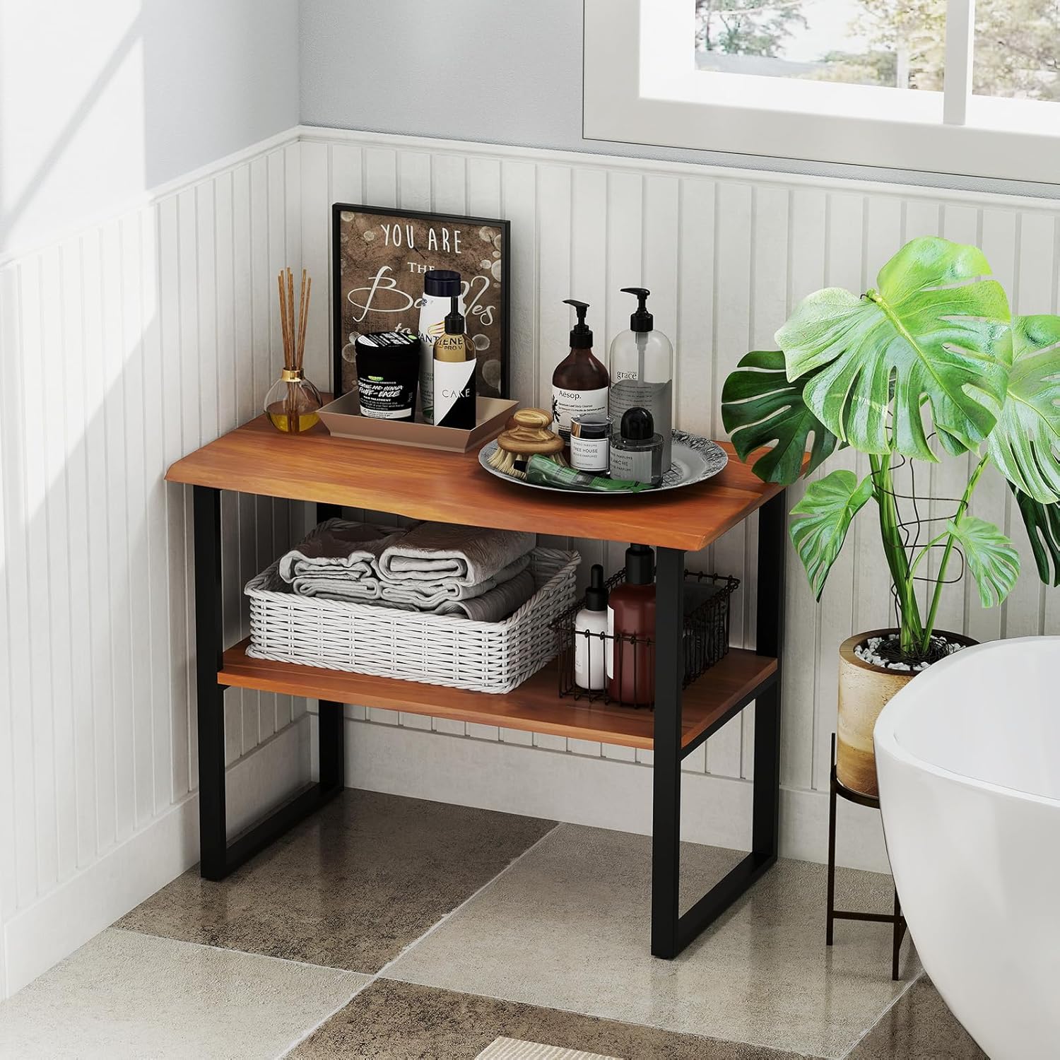 Giantex Bathroom Storage Shelf with Waterproof Finish, 2-Tier Teak Wood Bookshelf