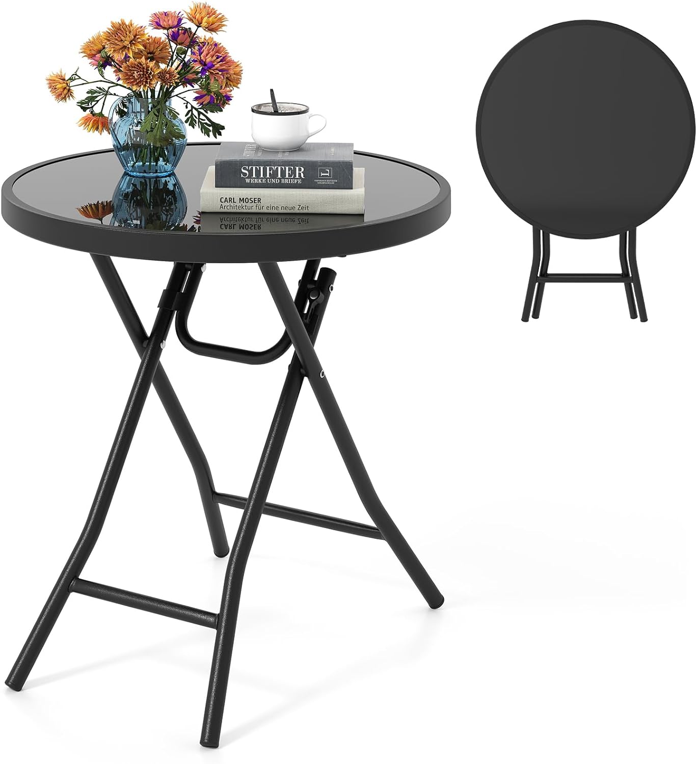 Giantex Folding Outdoor Side Table - 18” Round End Table with Tempered Glass Tabletop & Metal Frame