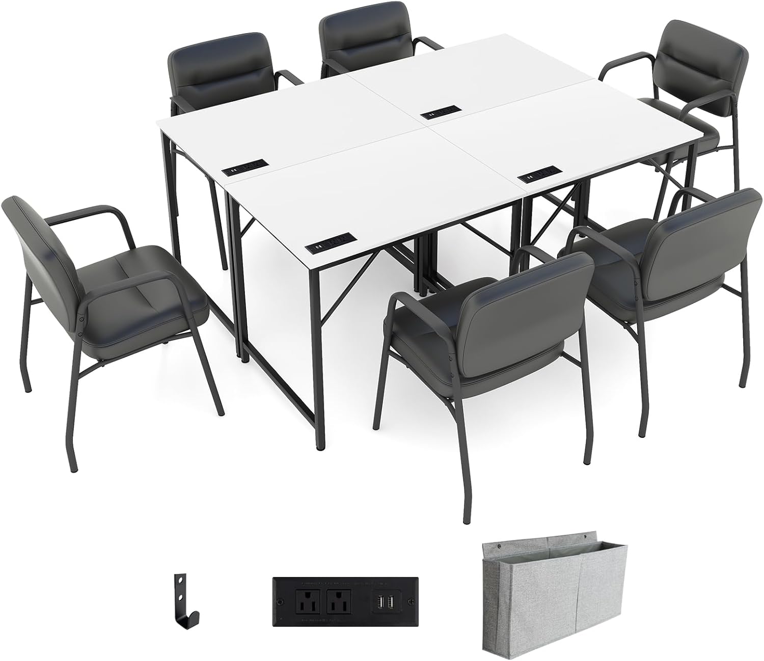 Giantex Conference Table with Charging Station, 2/4/6 PCS 32" x 24" Rectangular Meeting Room Desk with Storage Bag & Hook