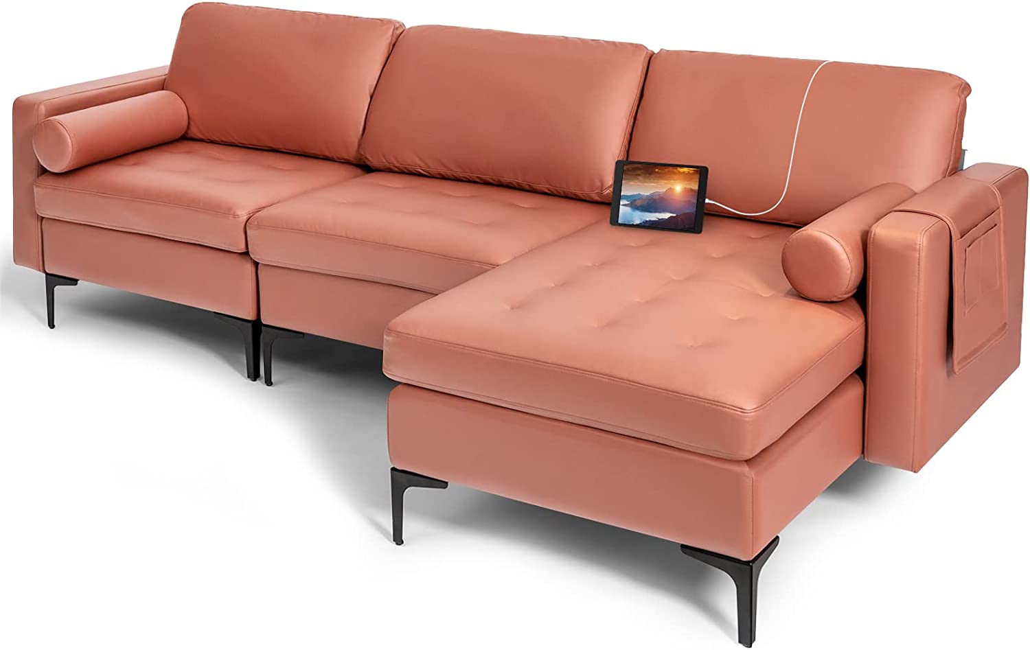 Giantex 97" Large Couch, 3 Seat Sectional Sofa Set, L-Shaped Modular Sleeper with Chaise Lounge & USB Port & Socket