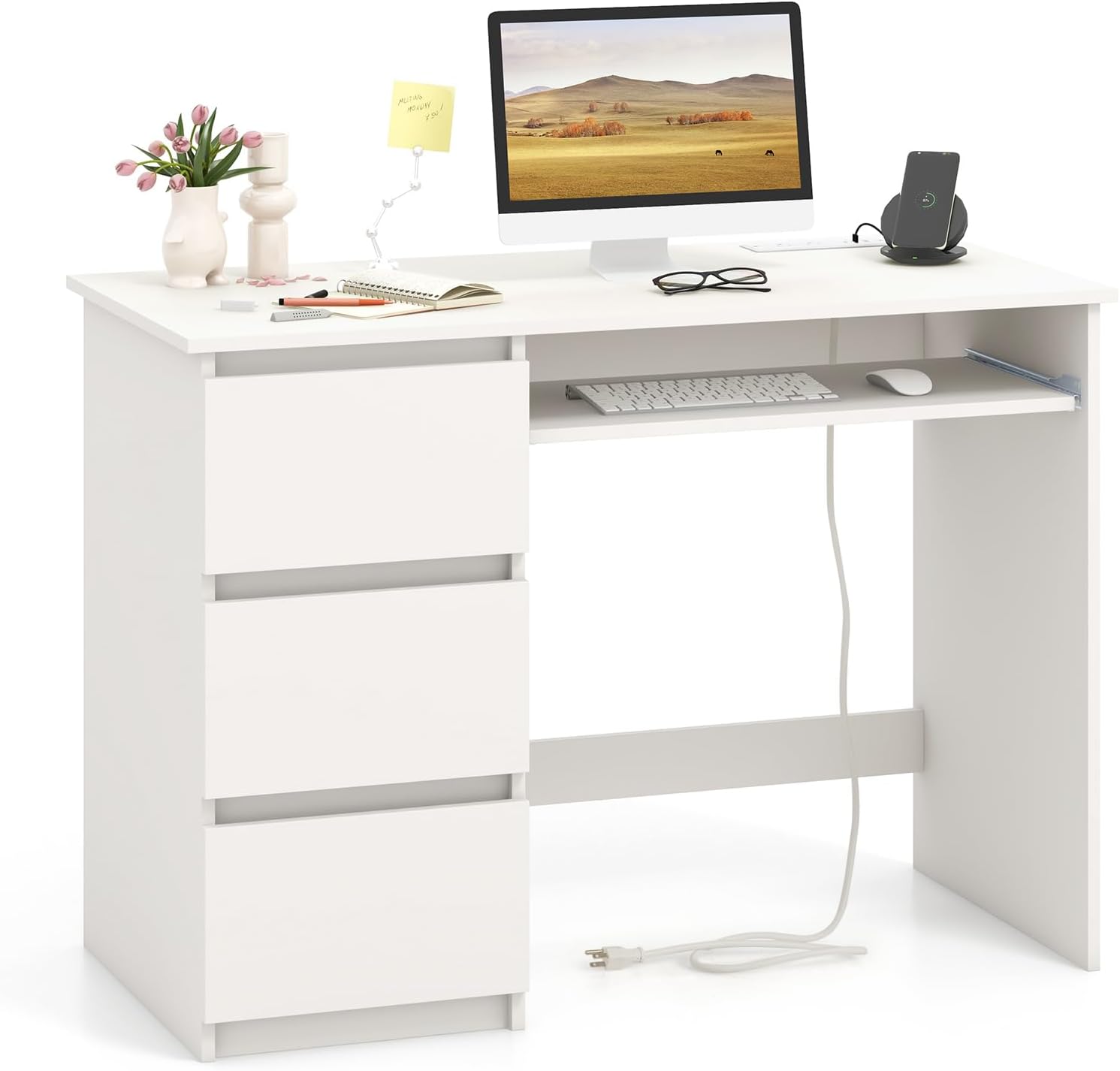 Giantex Computer Desk with Power Outlet, Modern Office Desk with Keyboard Tray & 3 Large Drawers