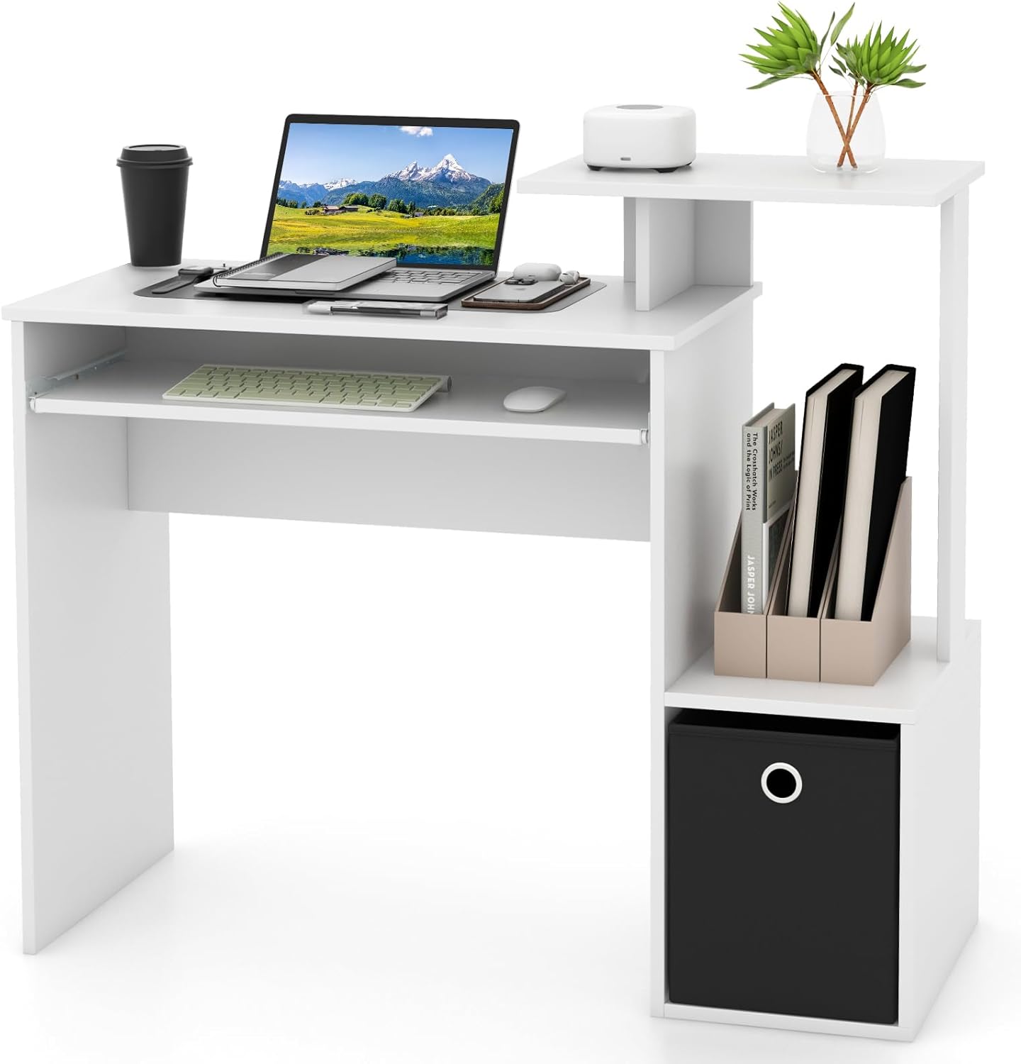 Giantex Computer Desk with Keyboard Tray, Compact Home Office Desk with Fabric Drawer & Storage Shelf