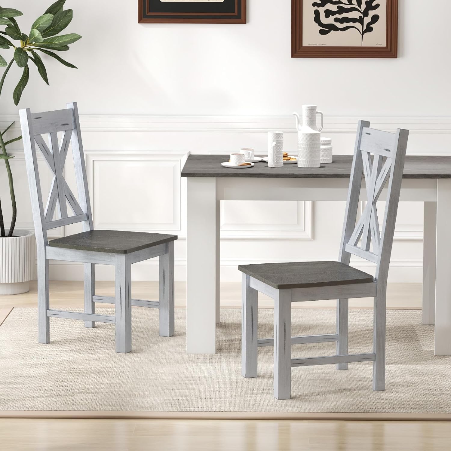 Giantex Retro Wooden Dining Chairs Set, Farmhouse Kitchen Chairs w/Rubber Wood Frame, Elegant Hollowed Backrest