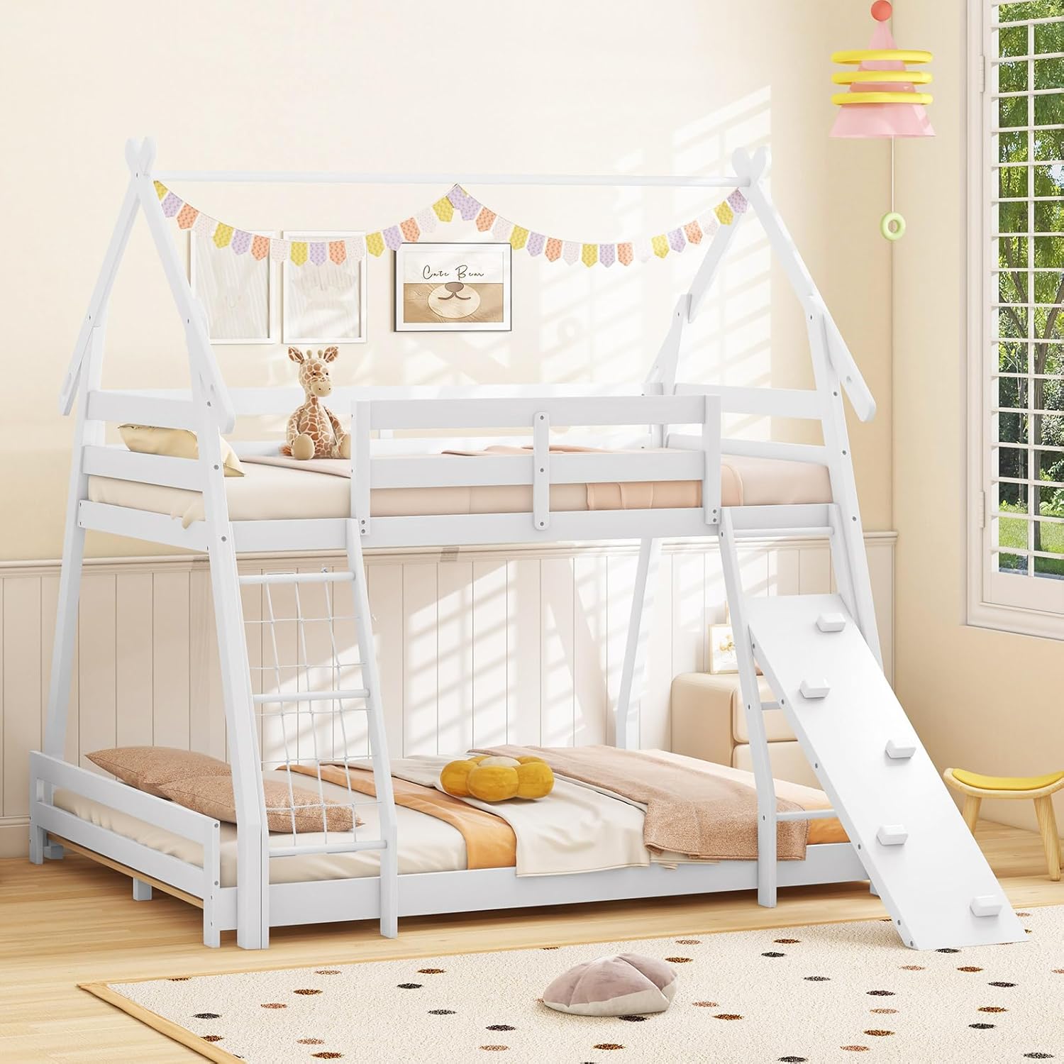 Giantex Twin Over Queen Bunk Bed, Wood House Bunk Bed for Kids with Climbing Nets and Ramp