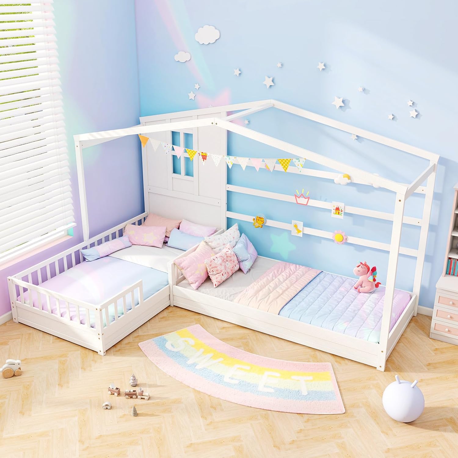 Giantex Double Twin Beds for Kids, House L-Shaped Platform Beds with Window & Fences