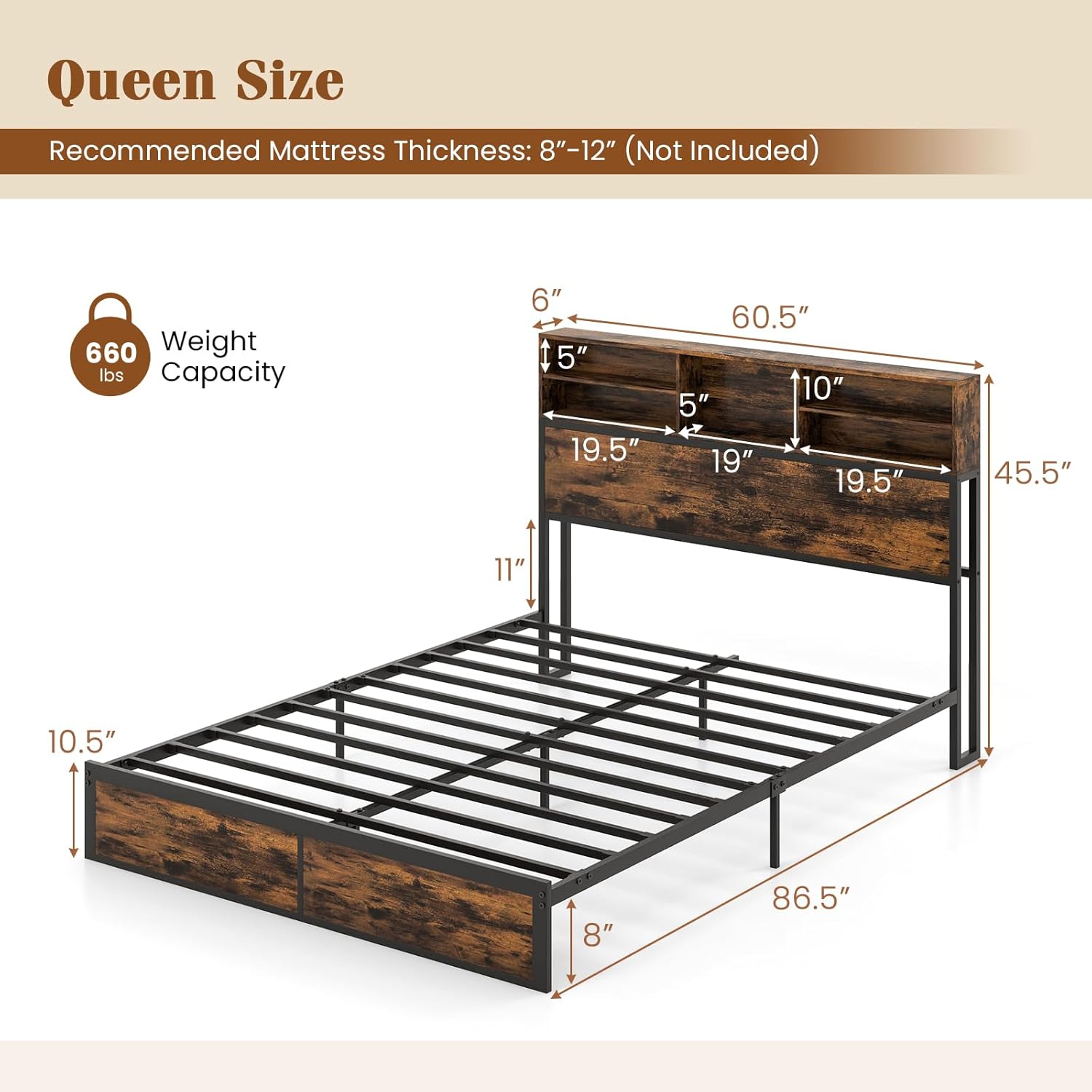 Giantex Bed Frame with Storage Headboard and Charging Station, Industrial Metal Platform Bed