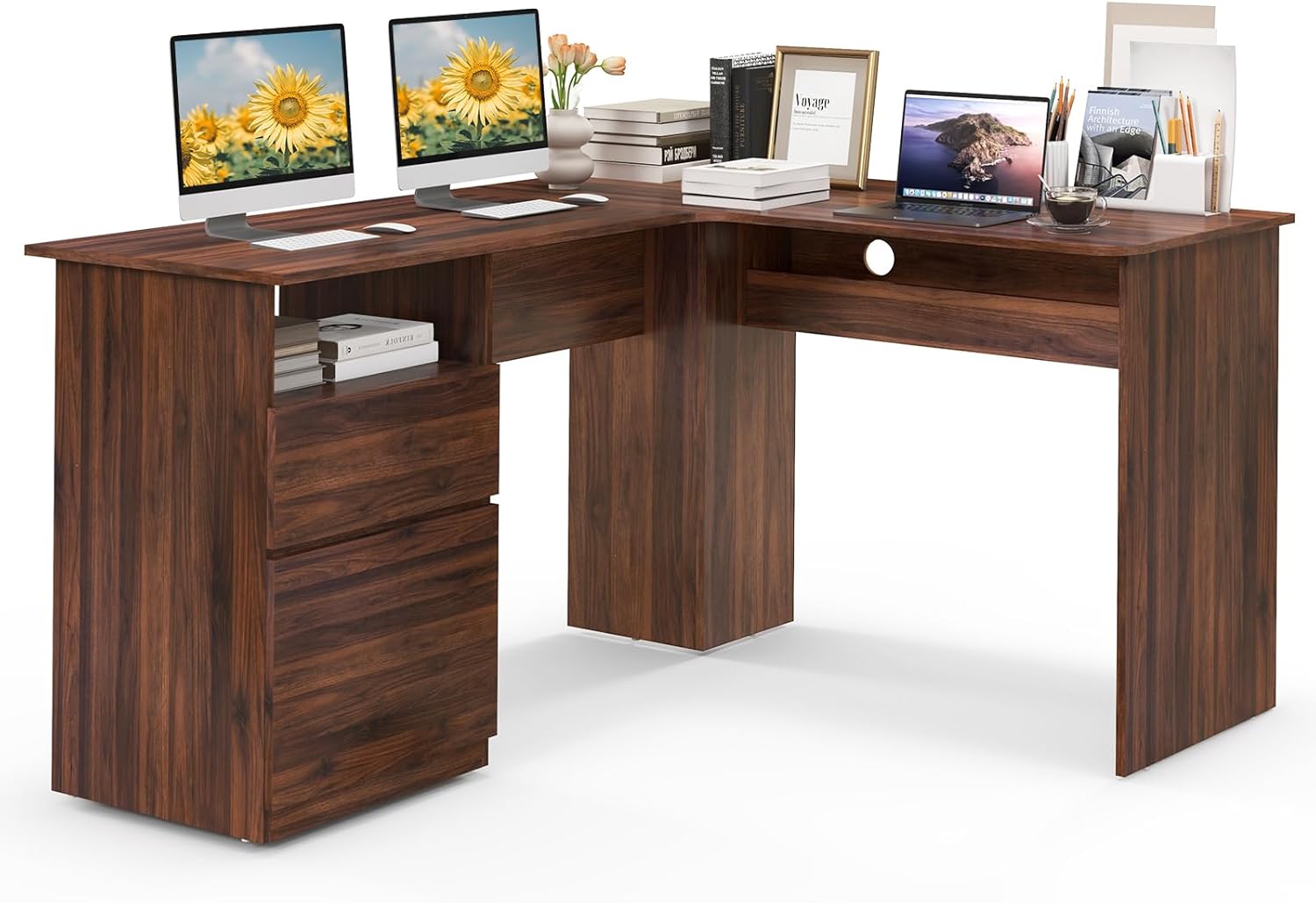 Giantex L Shaped Computer Desk with Drawers, 59" Corner Desk Workstation with Storage Shelf & Cable Holes