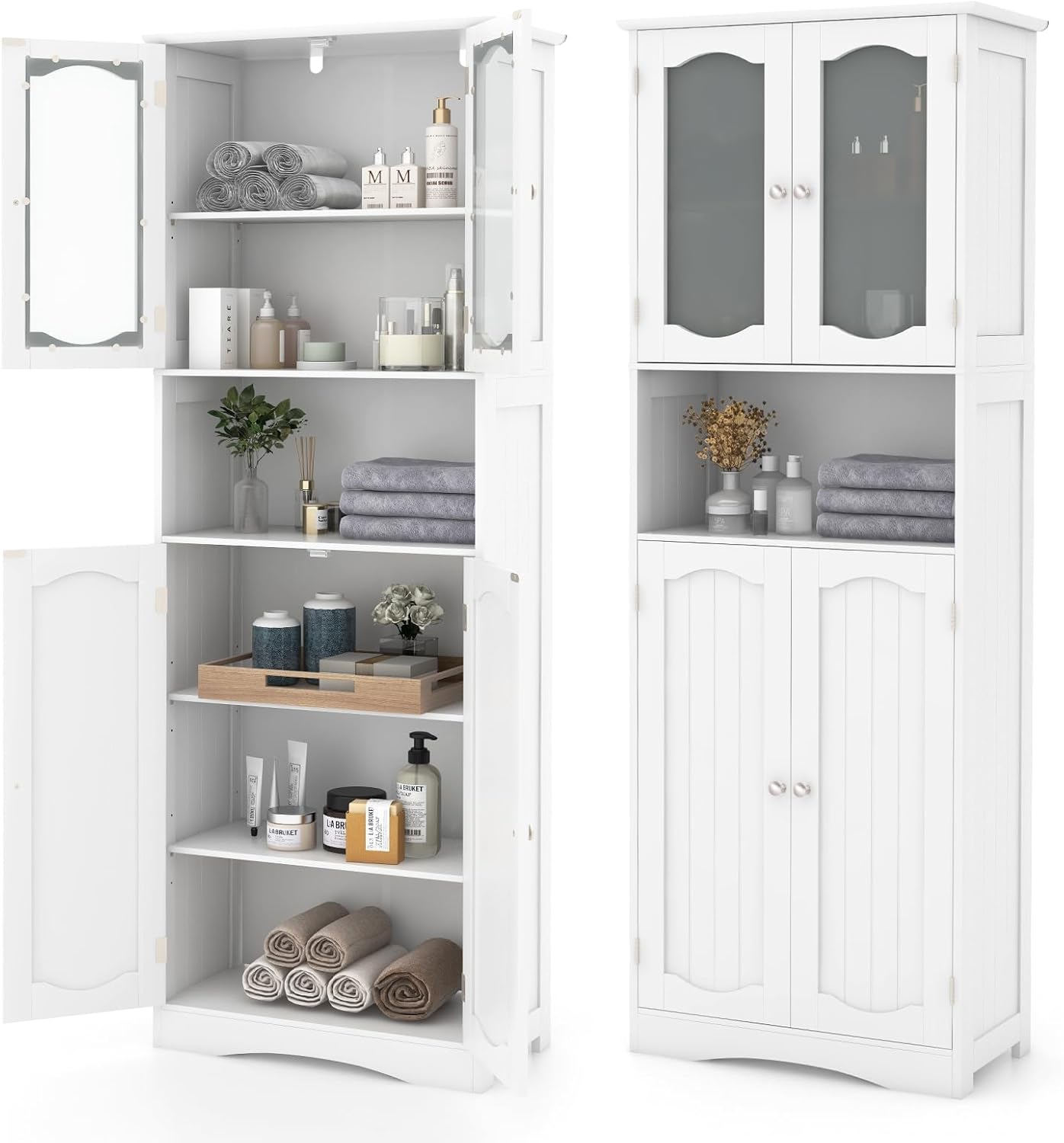 Giantex 64.5" Tall Bathroom Cabinet, Pantry Cabinet with Tempered Glass Doors, Adjustable Shelves