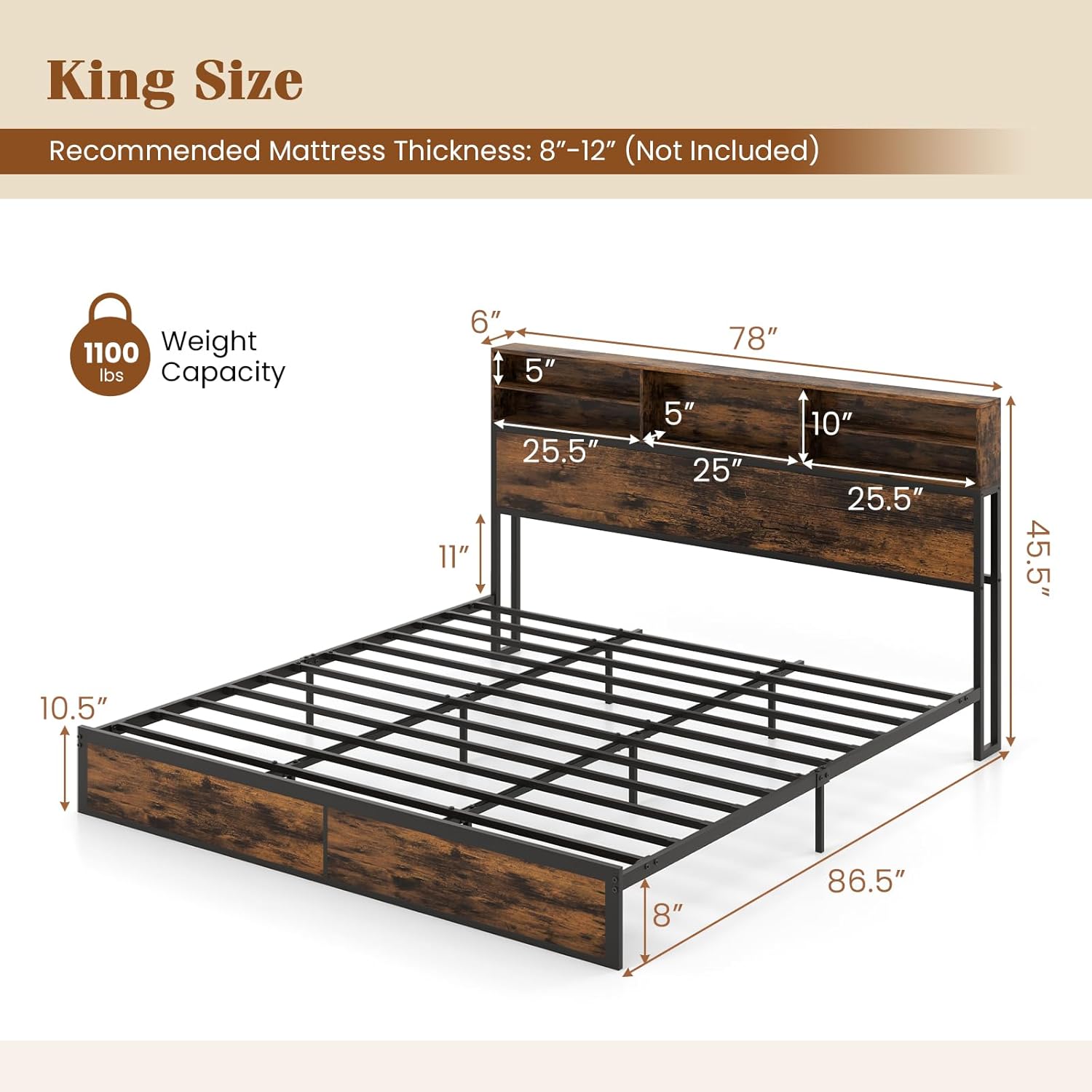 Giantex Bed Frame with Storage Headboard and Charging Station, Industrial Metal Platform Bed