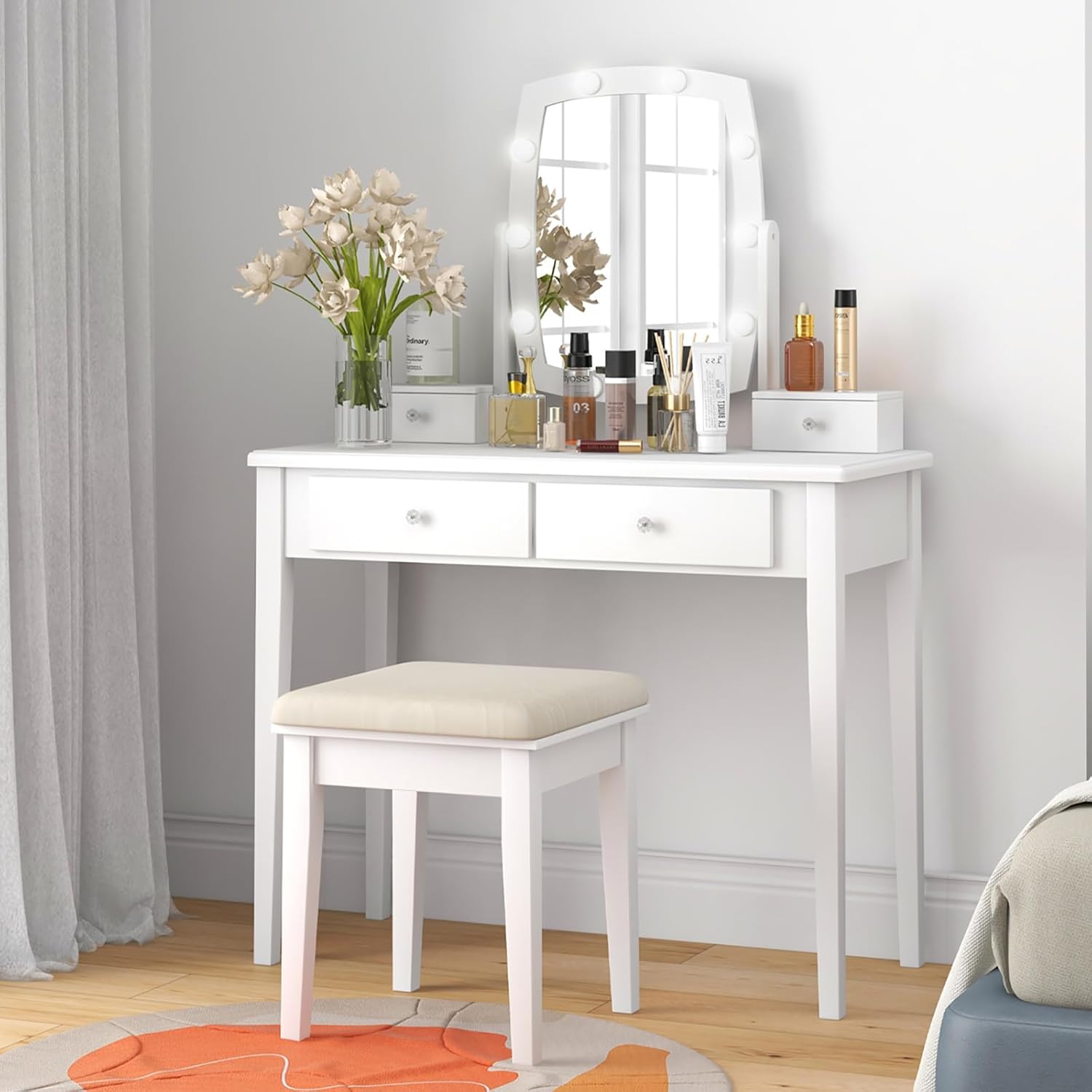 CHARMAID Vanity Desk with Mirror and Lights, Makeup Vanity Table with Swivel Mirror, Girls Bedroom Makeup Dressing Table with Stool