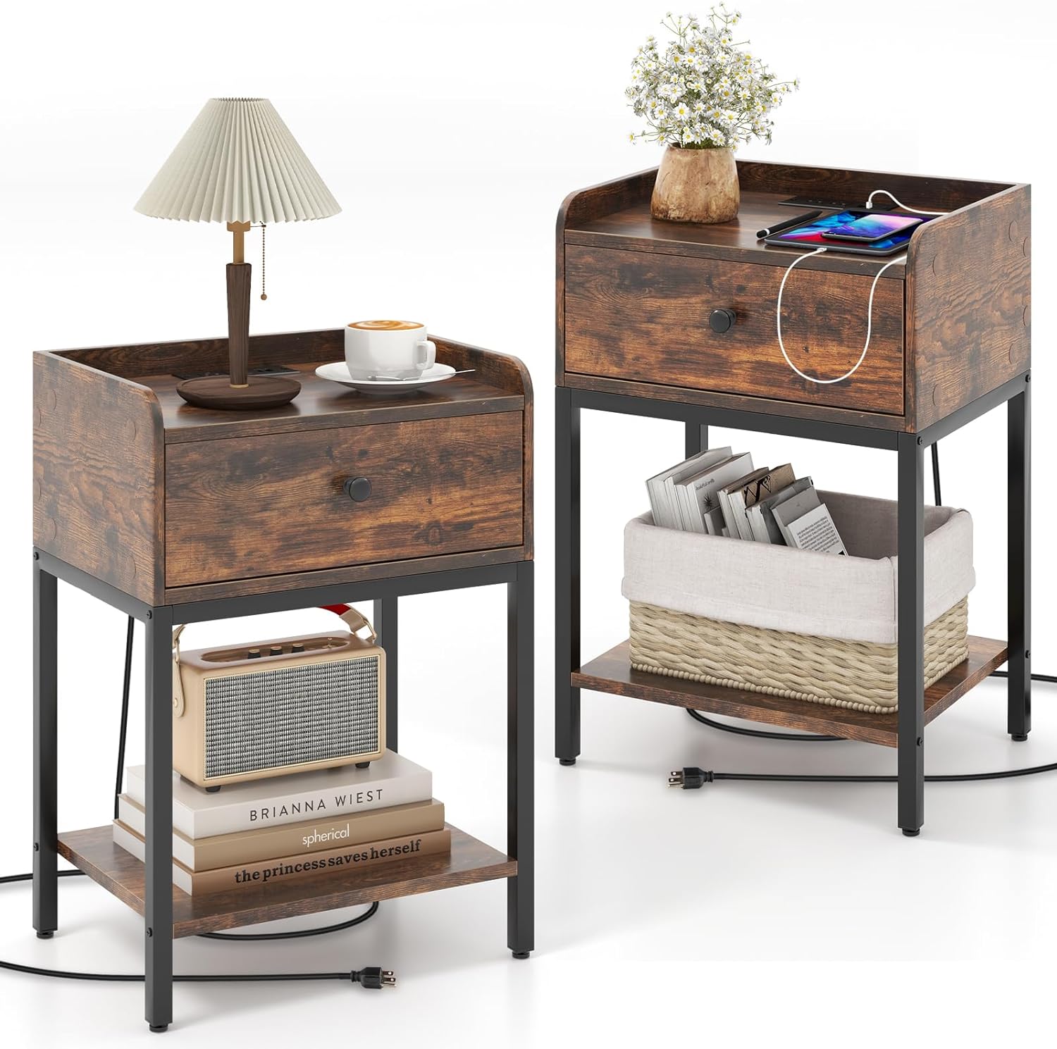 Giantex Nightstand with Charging Station, Industrial Bedside Table with Storage Drawer & Open Shelf