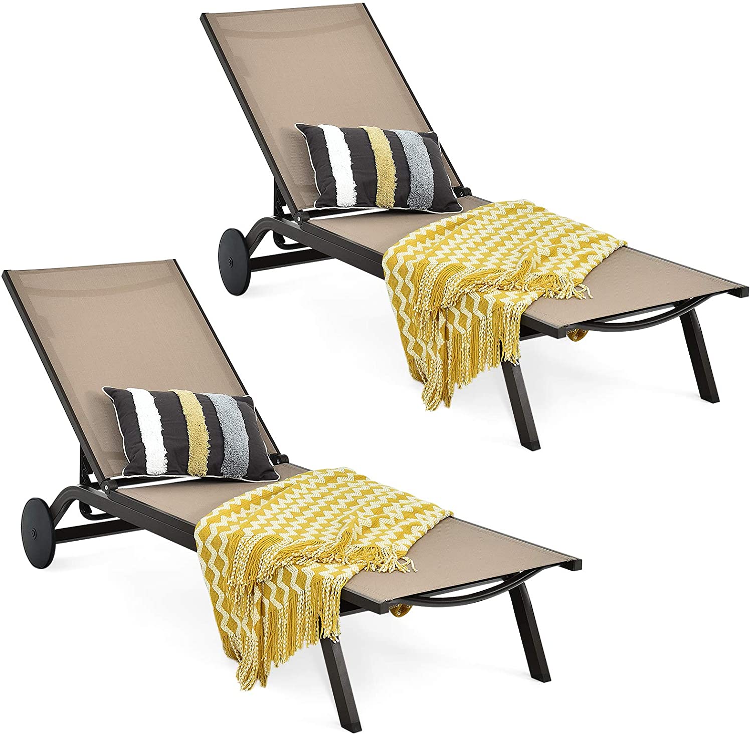 Giantex Lounge Chairs for Outside Patio Chaise Lounges Aluminum Recliner W/Adjustable 6 Backrest Positions and Wheels