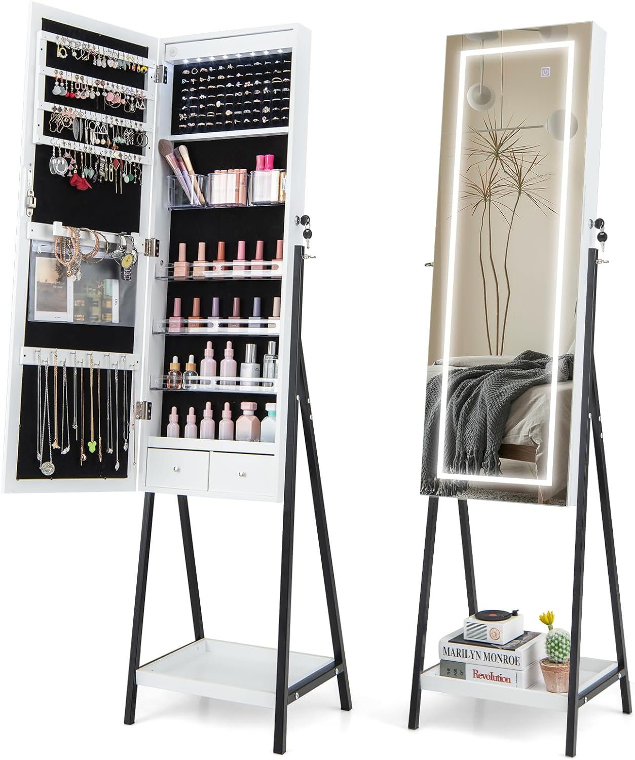 CHARMAID Jewelry Cabinet with LED Mirror, Lockable Standing Jewelry Armoire Organizer with Lighted Full Length Mirror