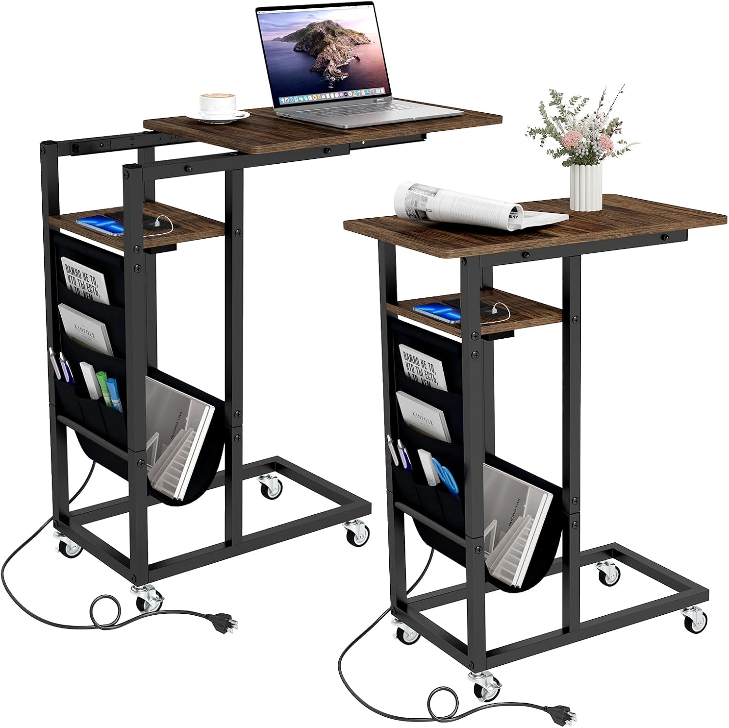 Giantex C Shaped End Table with Charging Station and Wheels