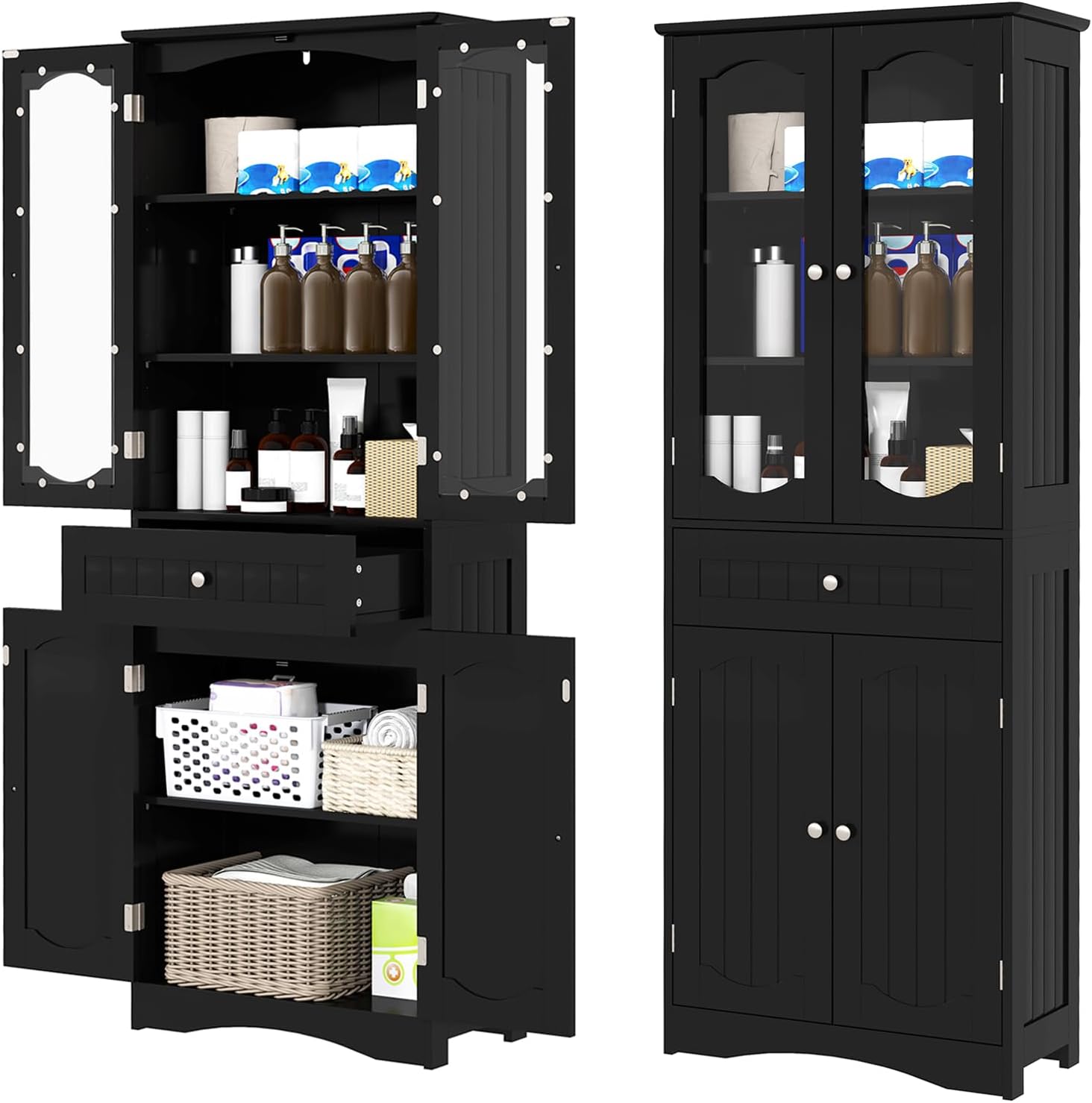 Giantex 63" Tall Bathroom Cabinet, Pantry Cabinet with Tempered Glass Doors, Adjustable Shelves & Large Drawer