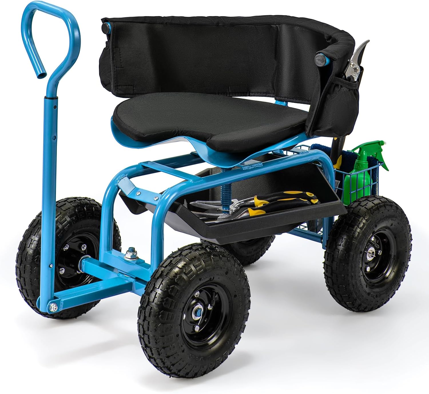 Giantex Rolling Garden Cart, 360 Swivel Workseat with 4 Wheels, Removal Cushion & Tool Tray, Storage Basket