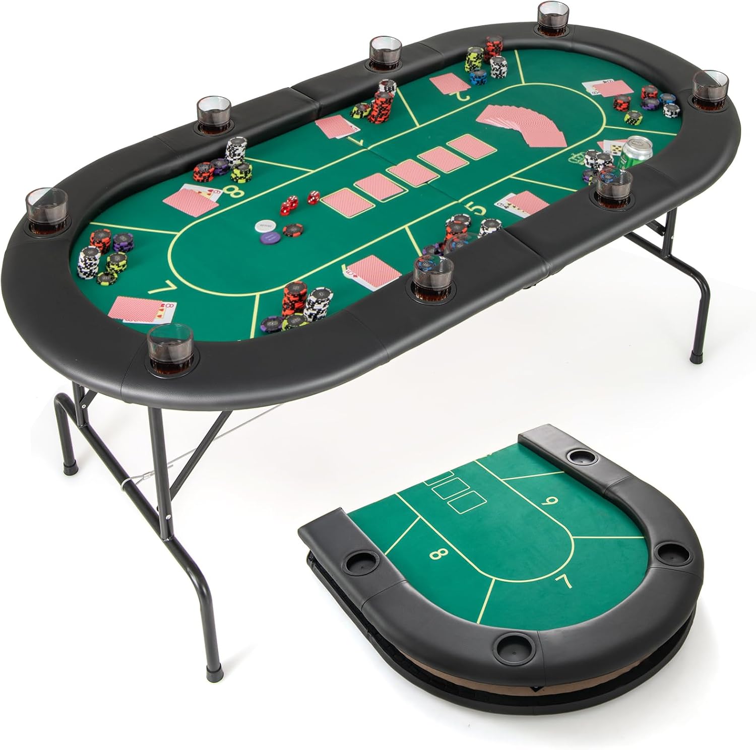 Giantex 72" Poker Table Foldable, 8 Player Folding Card Board Game Table w/ 8 Cup Holders