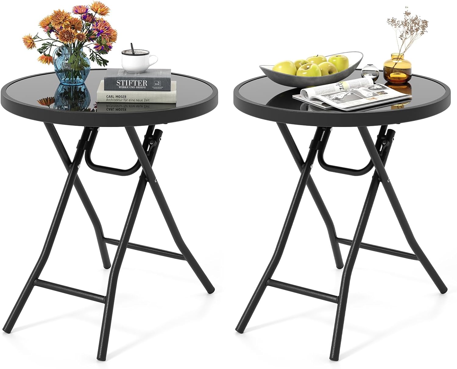 Giantex Folding Outdoor Side Table - 18” Round End Table with Tempered Glass Tabletop & Metal Frame