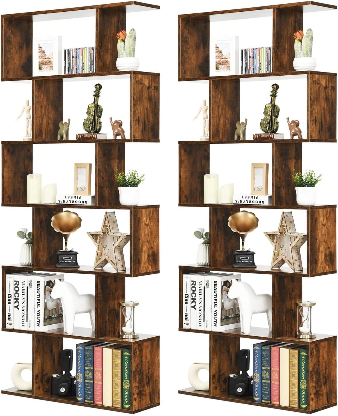 Giantex Geometric Bookcase Rustic, Solid Wood S-Shaped Bookshelf