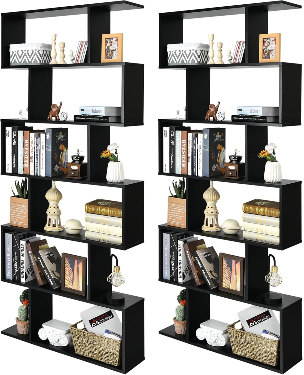 Giantex Geometric Bookcase Rustic, Solid Wood S-Shaped Bookshelf