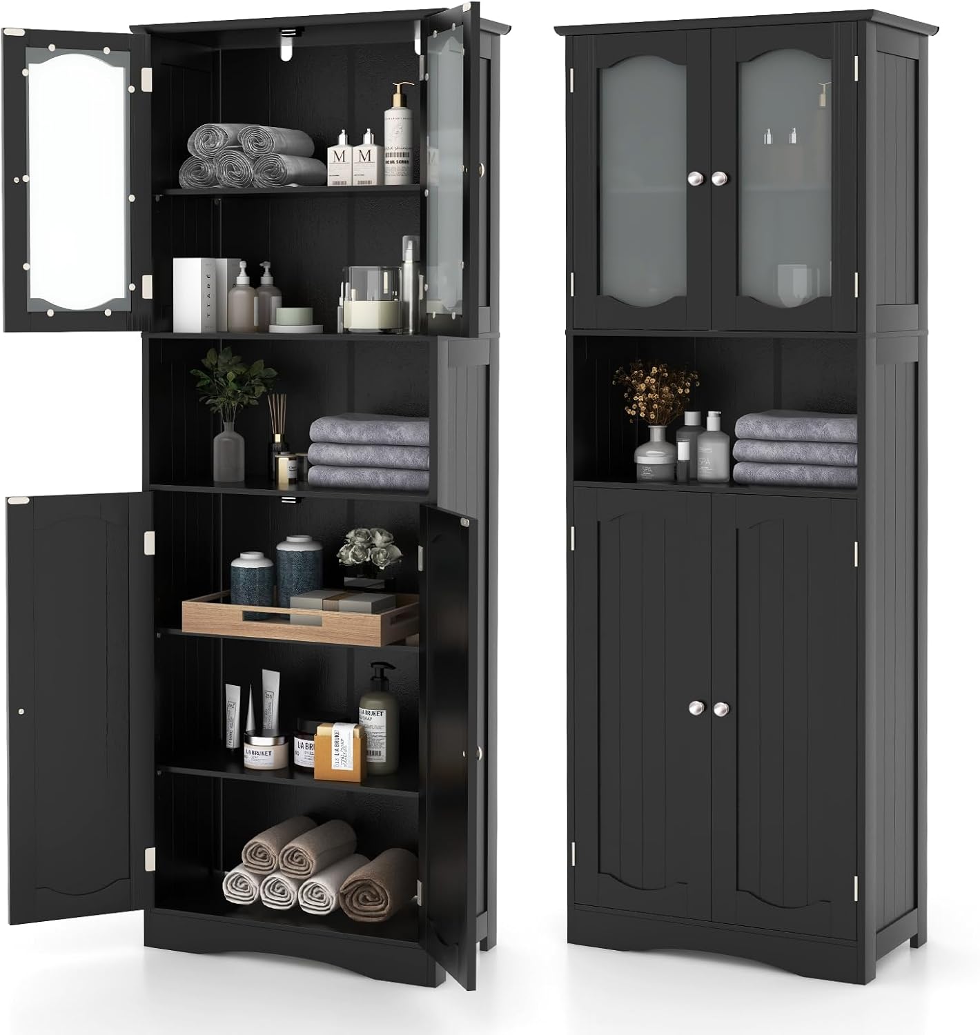 Giantex 64.5" Tall Bathroom Cabinet, Pantry Cabinet with Tempered Glass Doors, Adjustable Shelves