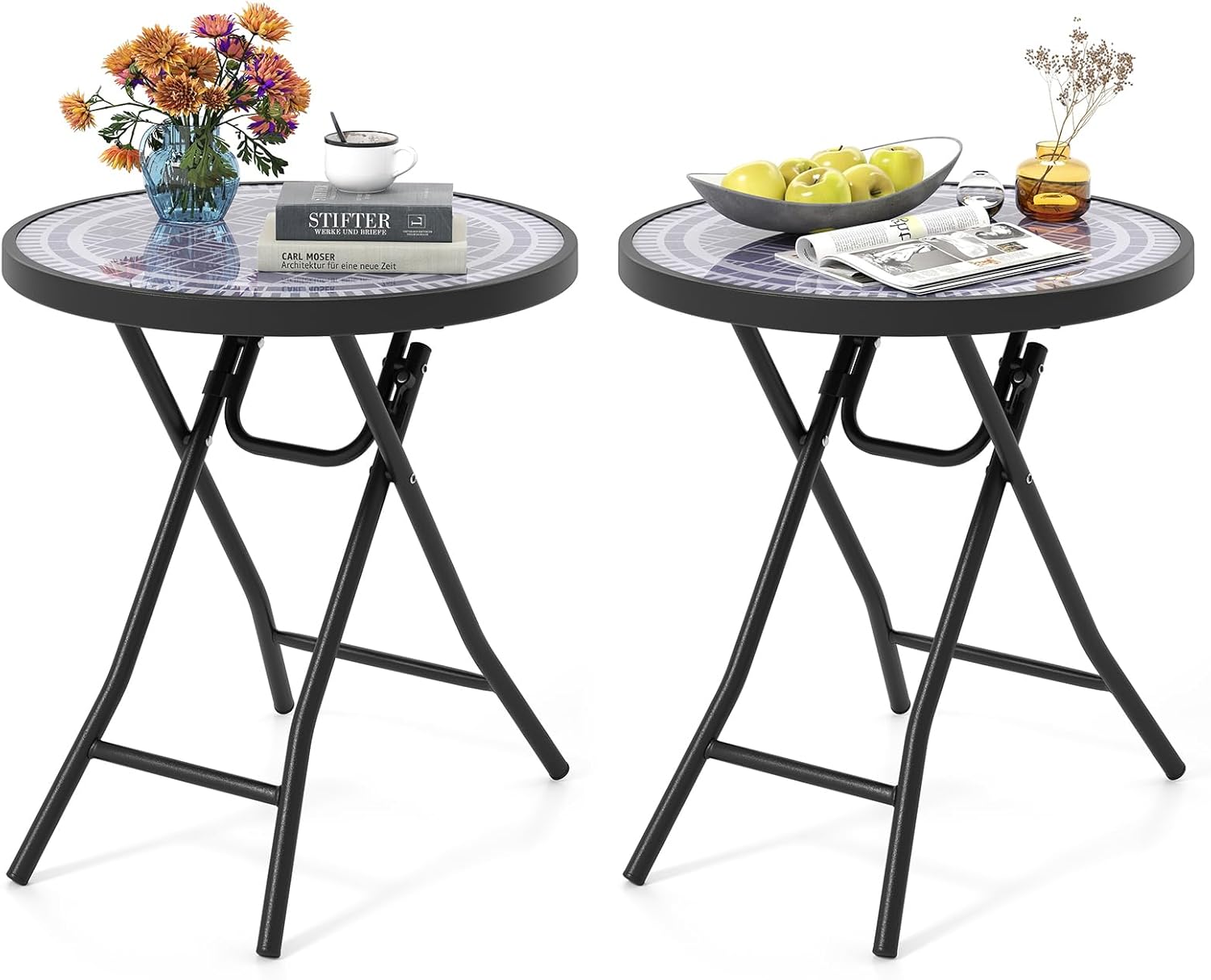 Giantex Folding Outdoor Side Table - 18” Round End Table with Tempered Glass Tabletop & Metal Frame