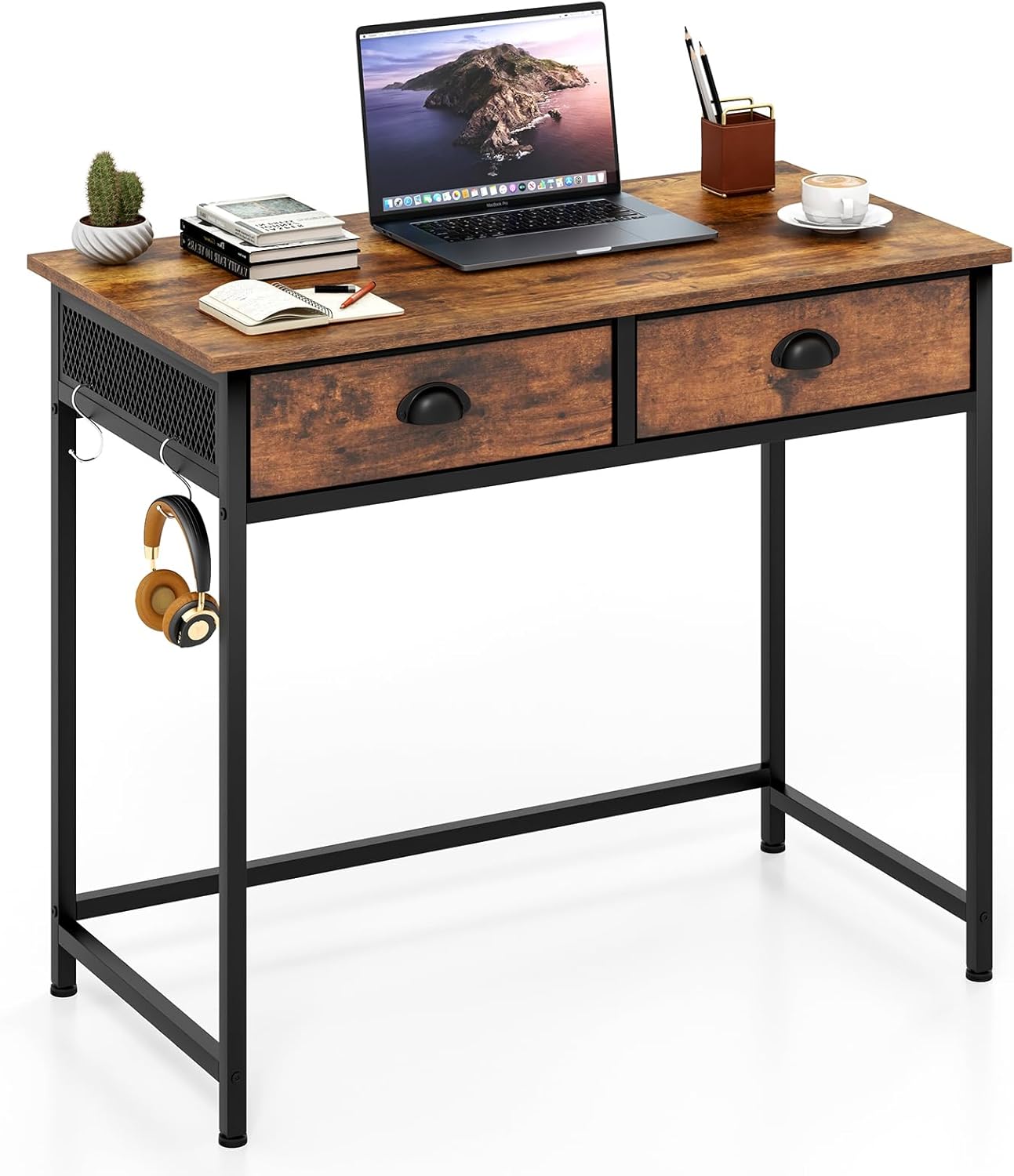 Giantex Small Computer Desk with Fabric Drawers, 36 Inch Home Office Desk with 4 Hanging Hooks & Metal Frame