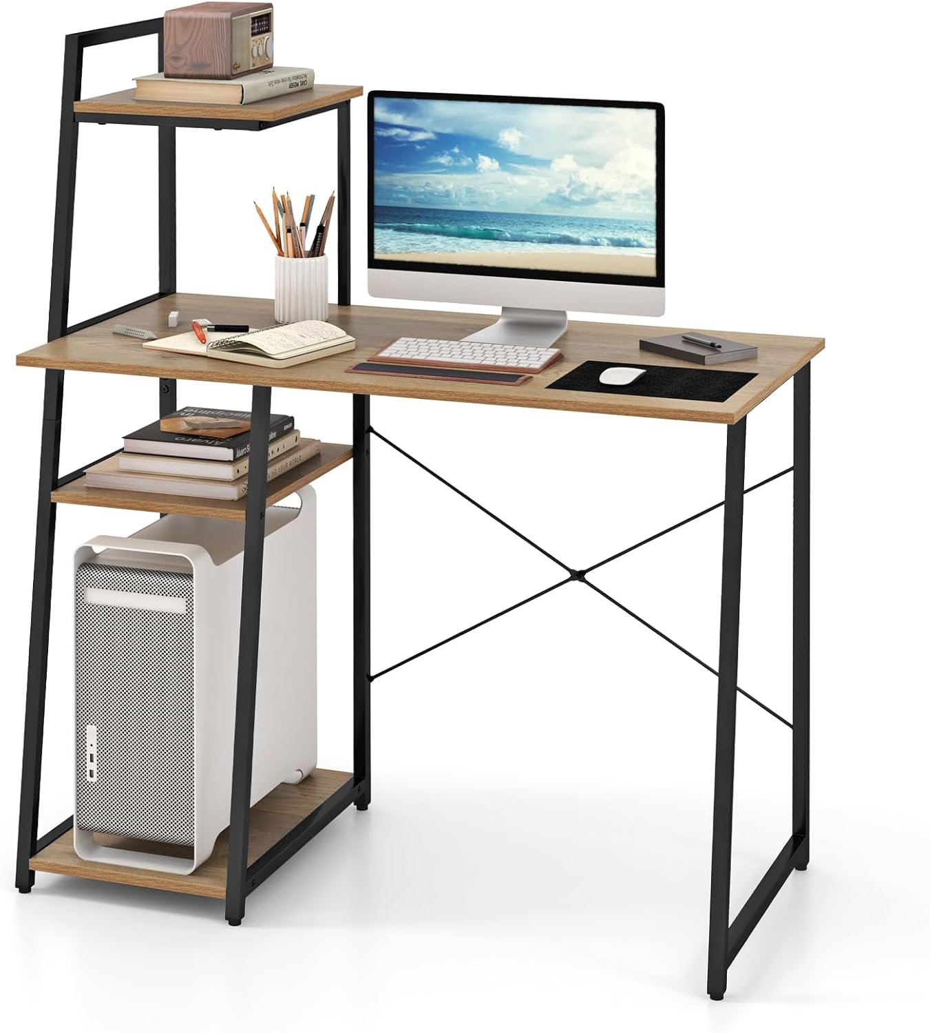 Giantex Computer Desk with Shelves, 47.5” Home Office Desk with Bookshelf, Host Stand