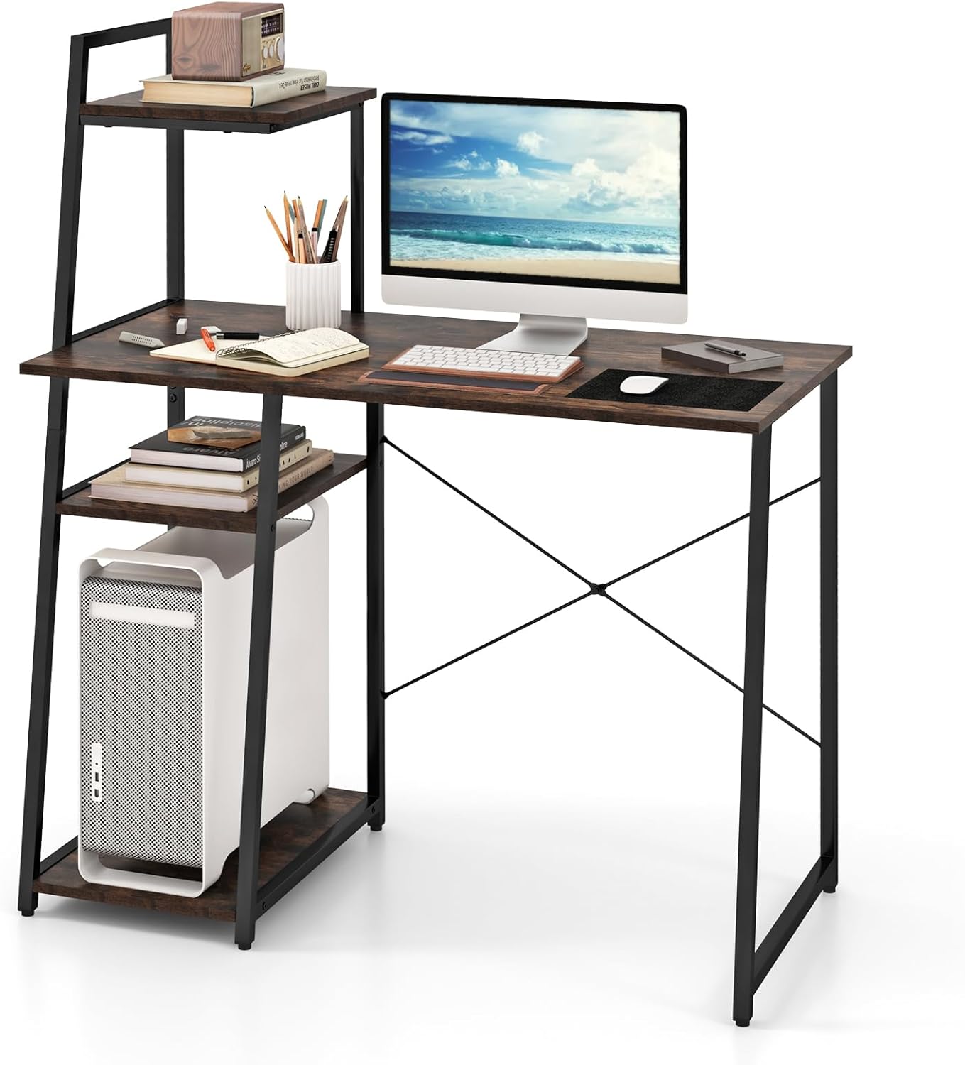 Giantex Computer Desk with Shelves, 47.5” Home Office Desk with Bookshelf, Host Stand