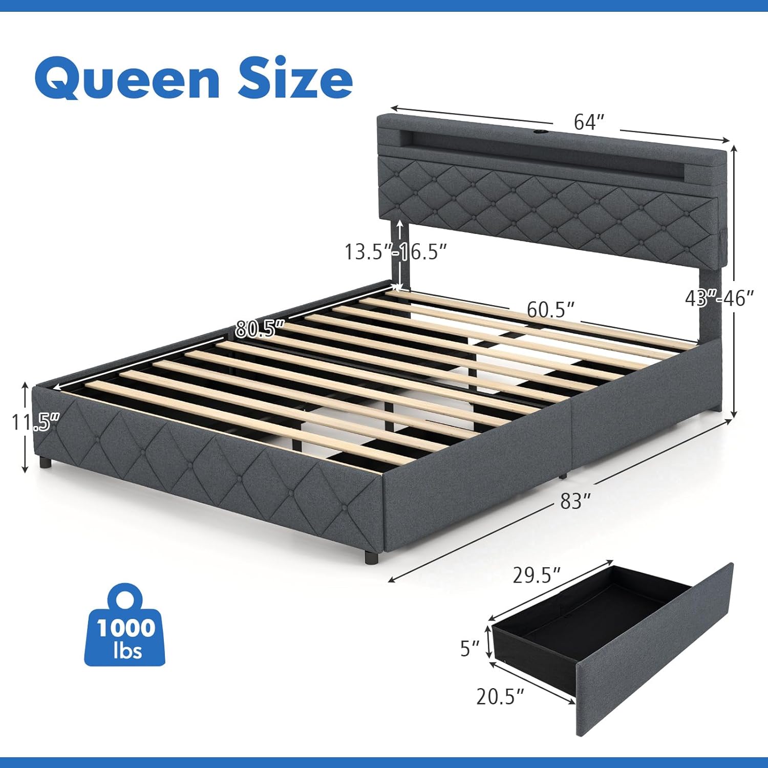 Giantex Bed Frame with Storage Headboard and 4 Drawers, Modern Upholstered Platform Bed with Charging Station