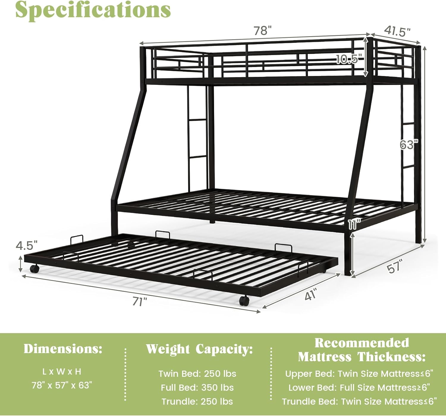 Giantex Twin Over Full Bunk Bed with Trundle, Heavy-Duty Metal Triple Bunk Beds w/Two Side Ladders & Safety Guard Rail, Black