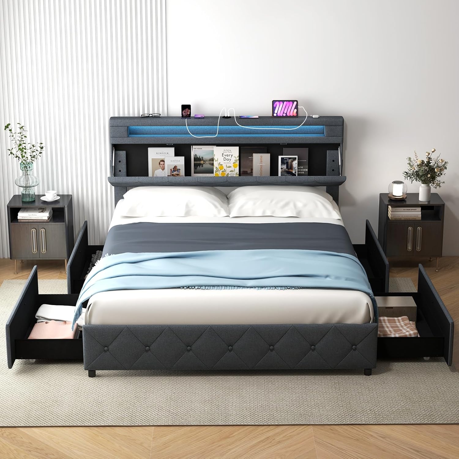 Giantex Bed Frame with Storage Headboard and 4 Drawers, Modern Upholstered Platform Bed with Charging Station