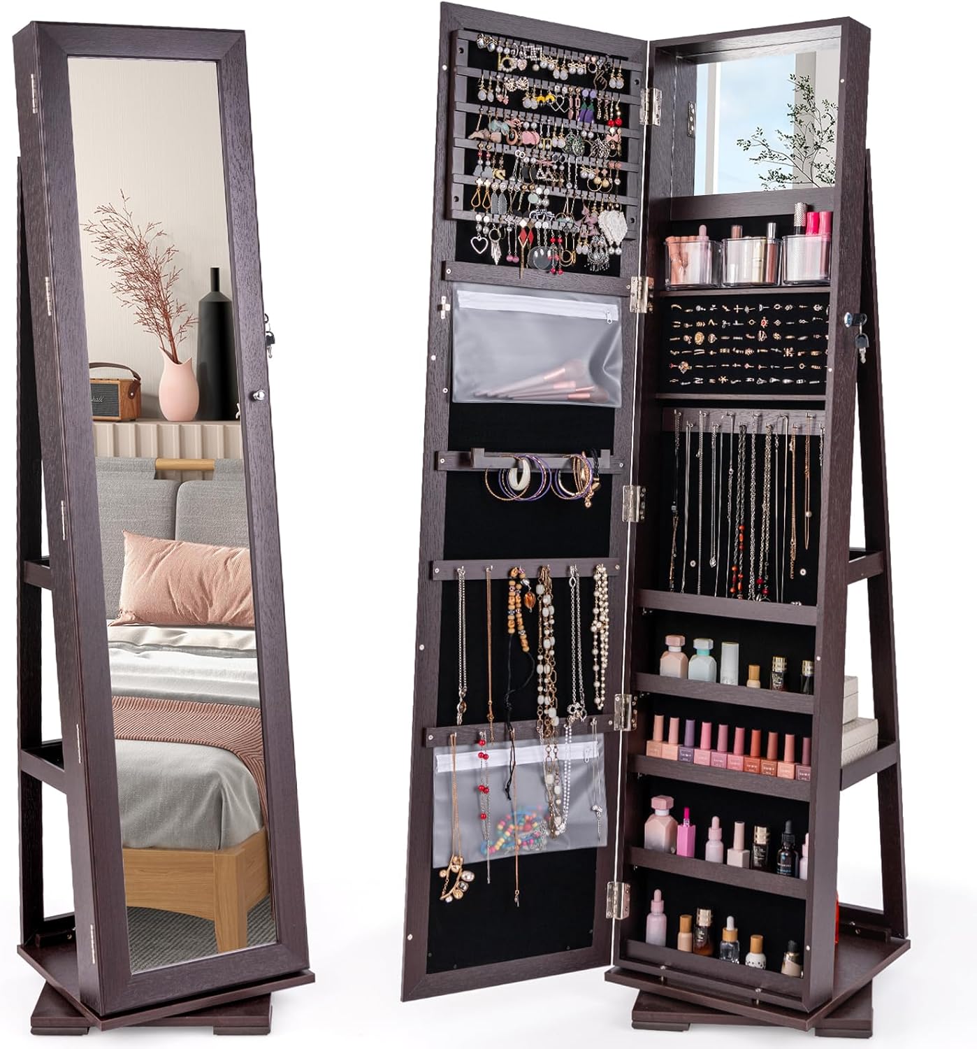 CHARMAID | 360-degree Rotating Jewelry Armoire with Higher Full Length Mirror