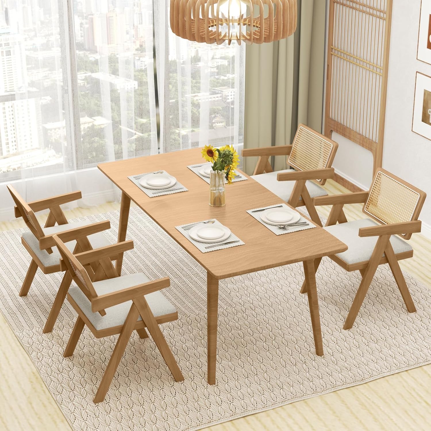 Giantex Rattan Dining Chairs, Leathaire Kitchen Chairs w/Armrests & Padded Cushion