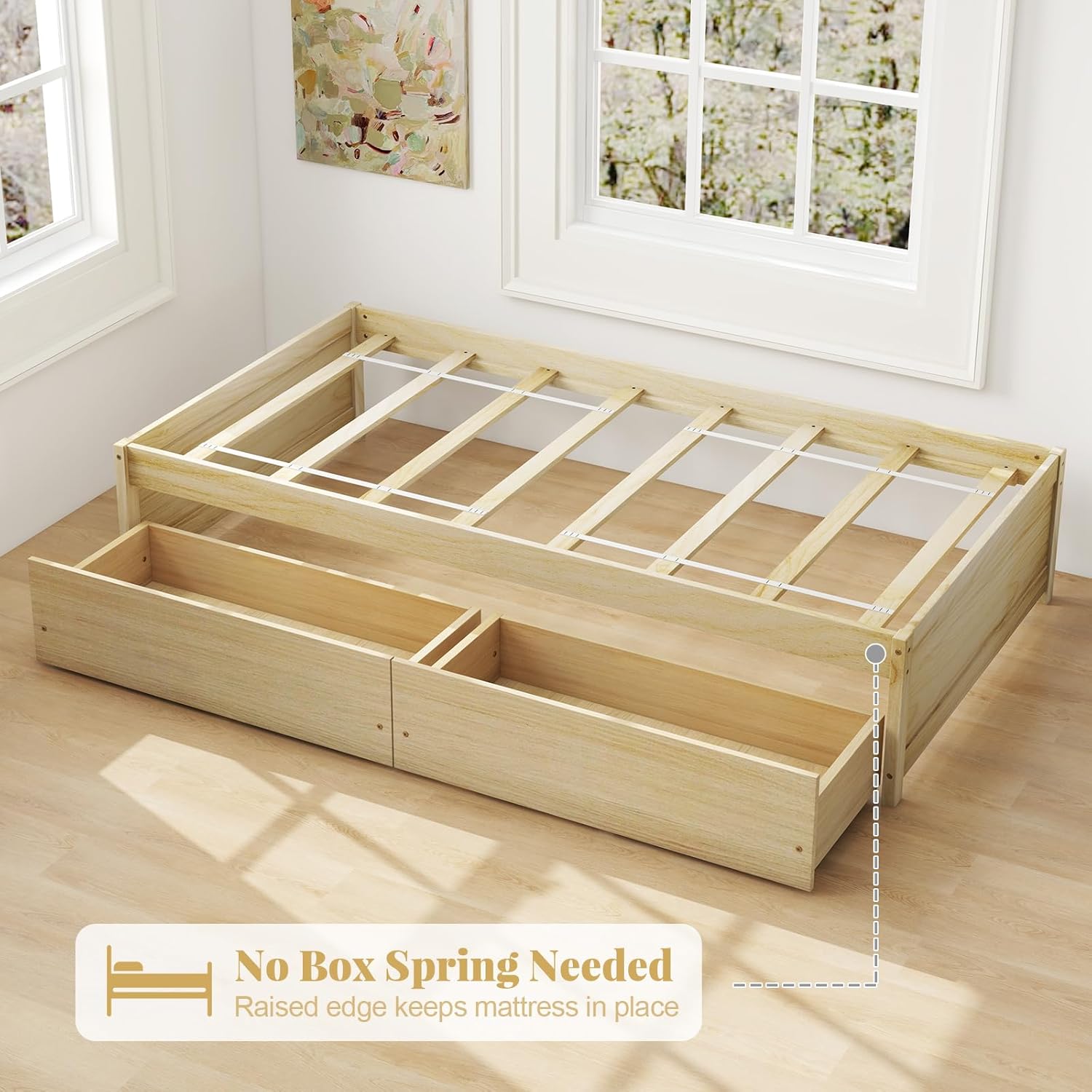 Giantex Twin Bed Frame with 2 Storage Drawers, Solid Wood Platform Bed with Slats Support