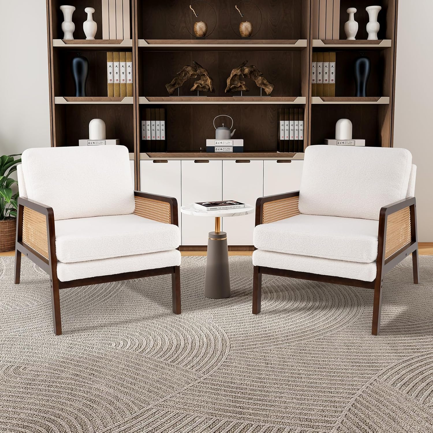 Giantex Mid Century Modern Accent Chair, Boho Boucle Living Room Arm Chair w/Rattan Arms