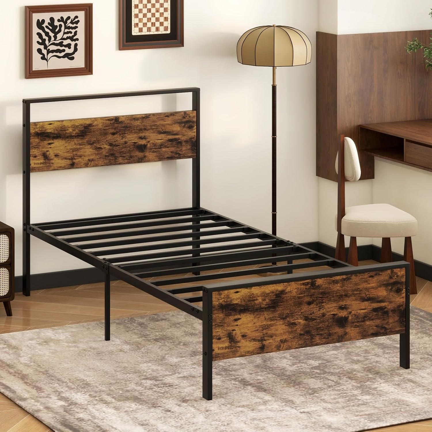 Giantex Twin Size/Full Size/King Size/Queen Metal Platform Bed Frames with Wooden Headboard & Footboard