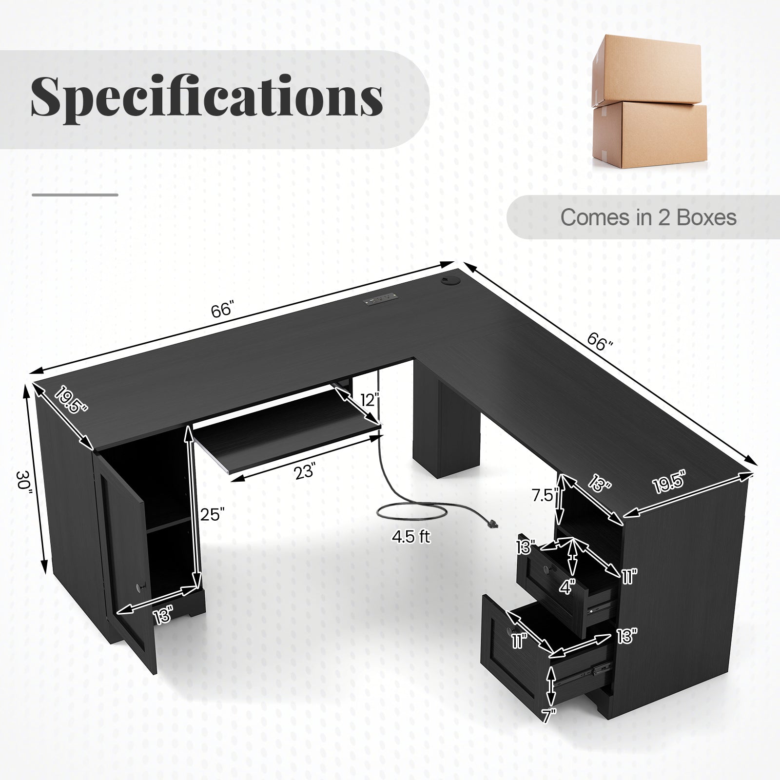 Giantex 66" L-Shaped Desk with Storage Drawers & Charging Station