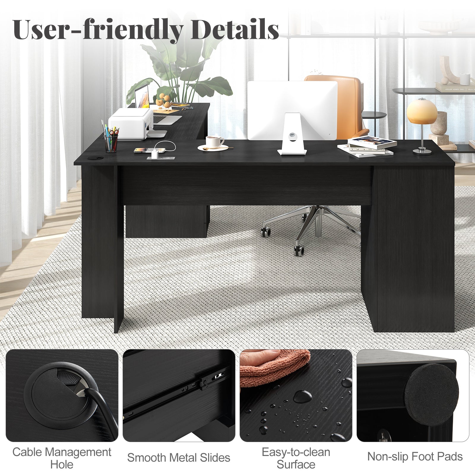 Giantex 66" L-Shaped Desk with Storage Drawers & Charging Station