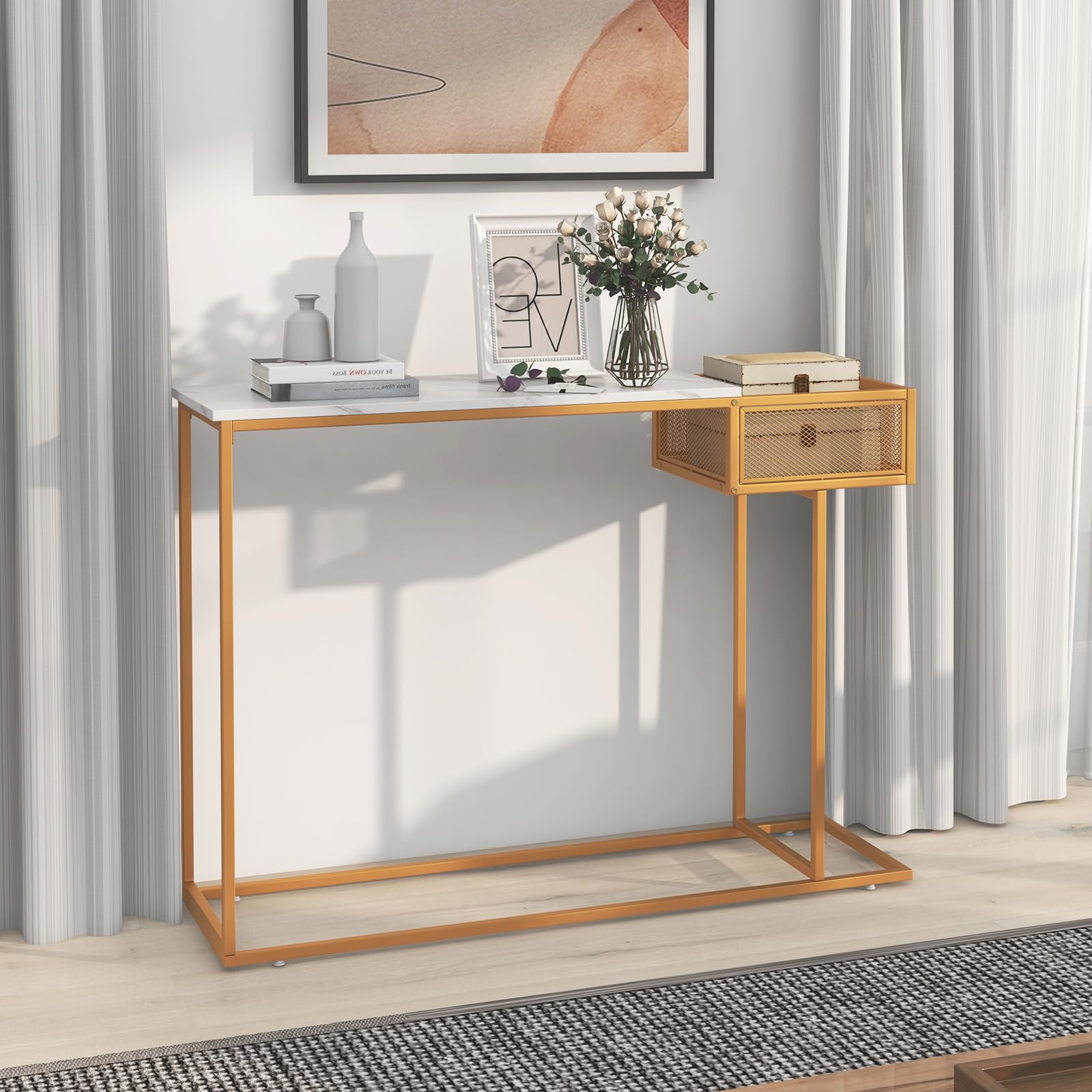 Giantex Narrow Console Table with Storage - Gold Sofa Table with Storage Basket