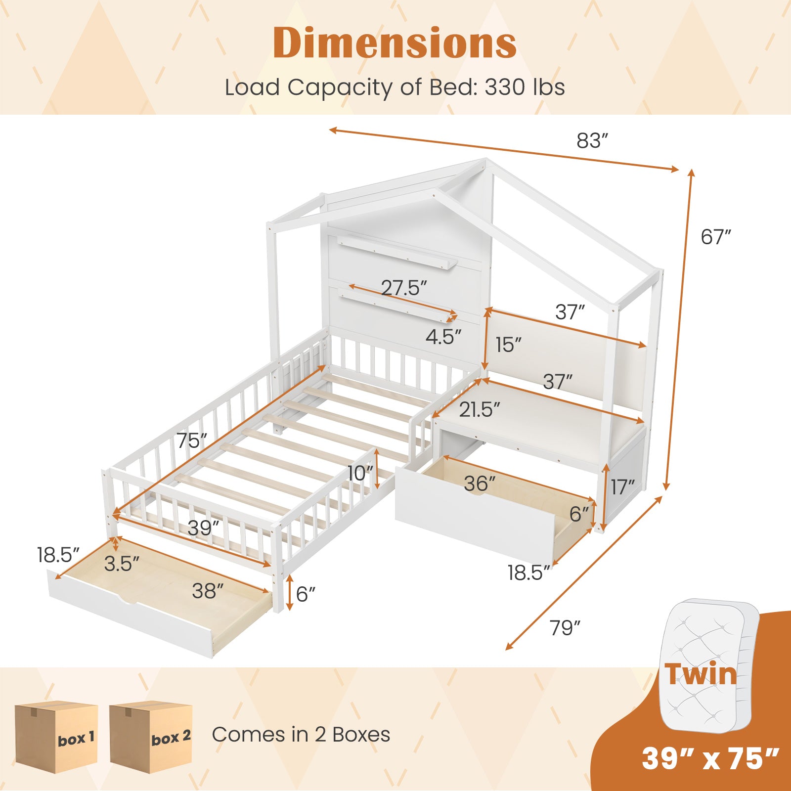 Giantex Twin House Bed for Kids, Wooden Kids Twin Bed Frame with Padded Bench