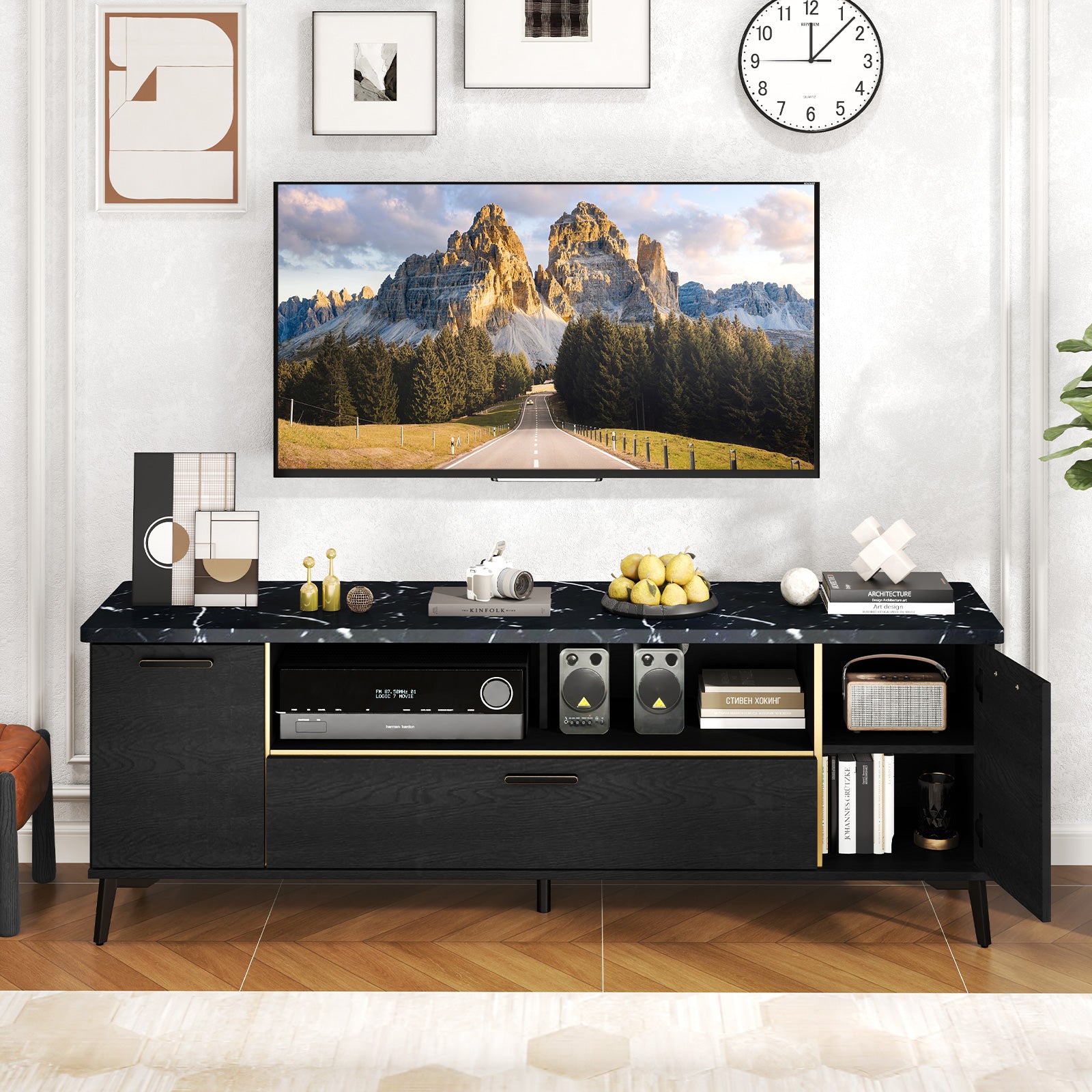 Giantex TV Stand for TVs up to 75", 63-Inch Mid Century Modern Entertainment Center with Flip Door Cabinet